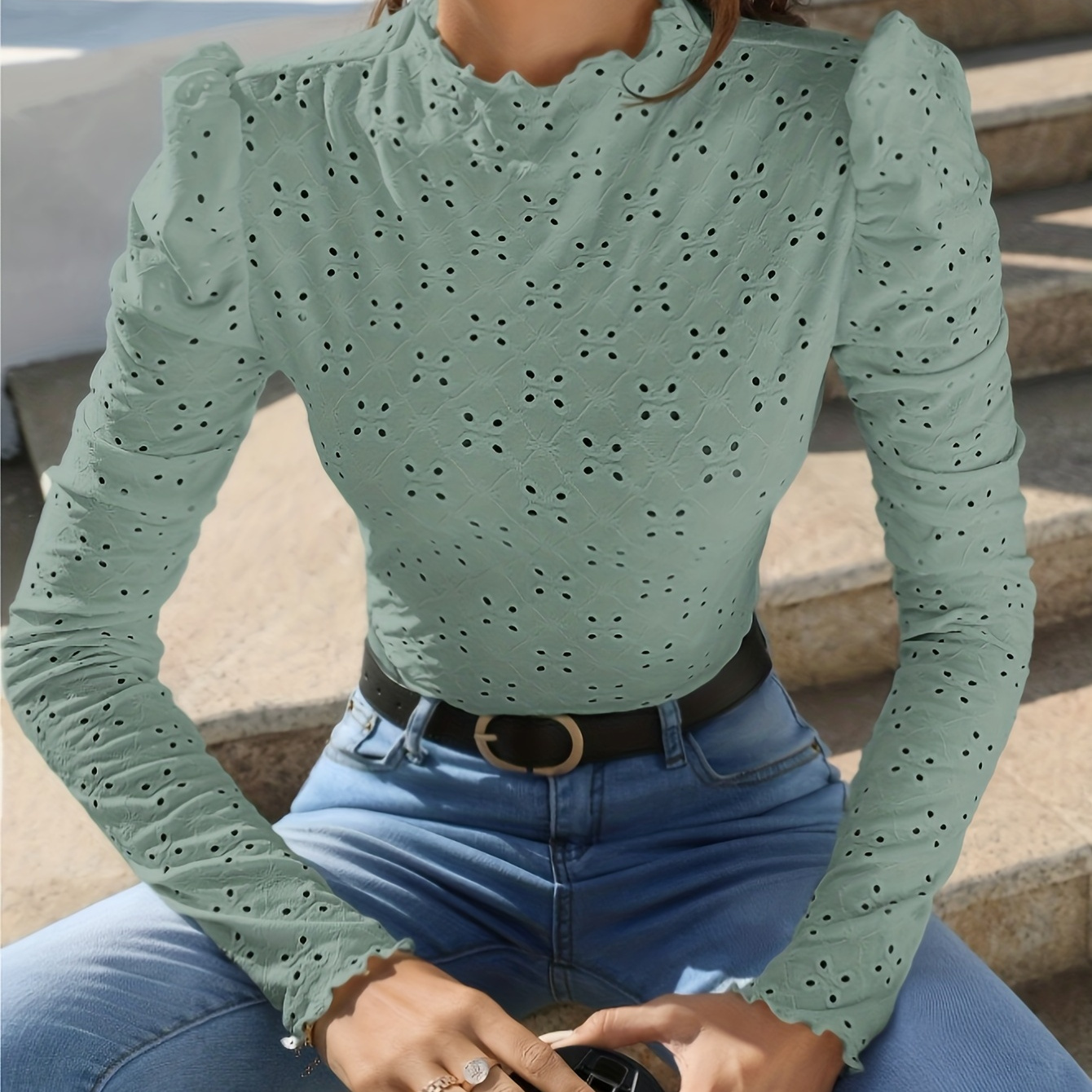 

Lettuce Trim Long Sleeve Eyelet Top, Casual Mock Neck Top For Spring & Fall, Women's Clothing