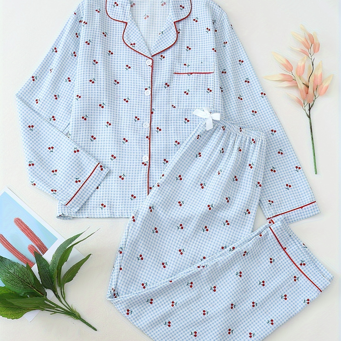 

Women's Sweet Cherry & Print Pajama Set, Long Sleeve Buttons Lapel Top & Pants, Comfortable Relaxed Fit For Fall