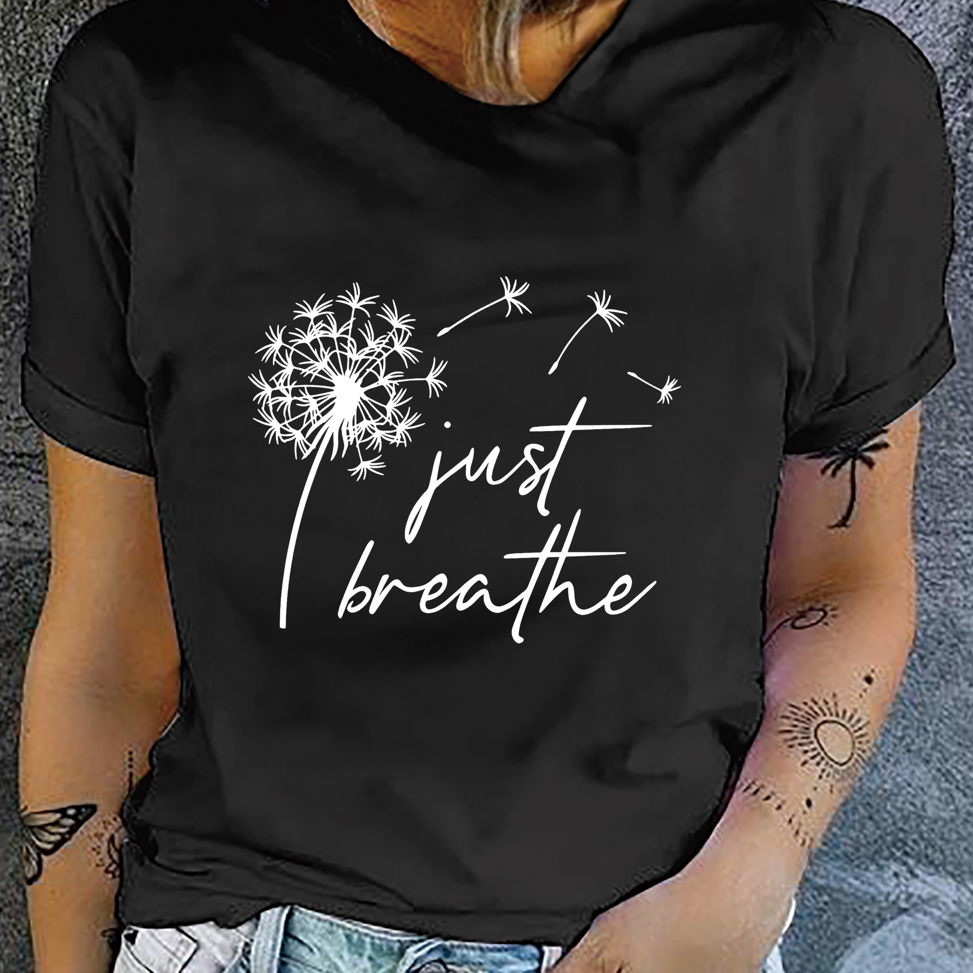 

Dandelion Print Crew Neck T-shirt, Short Sleeve Casual Top For Summer & Spring, Women's Clothing