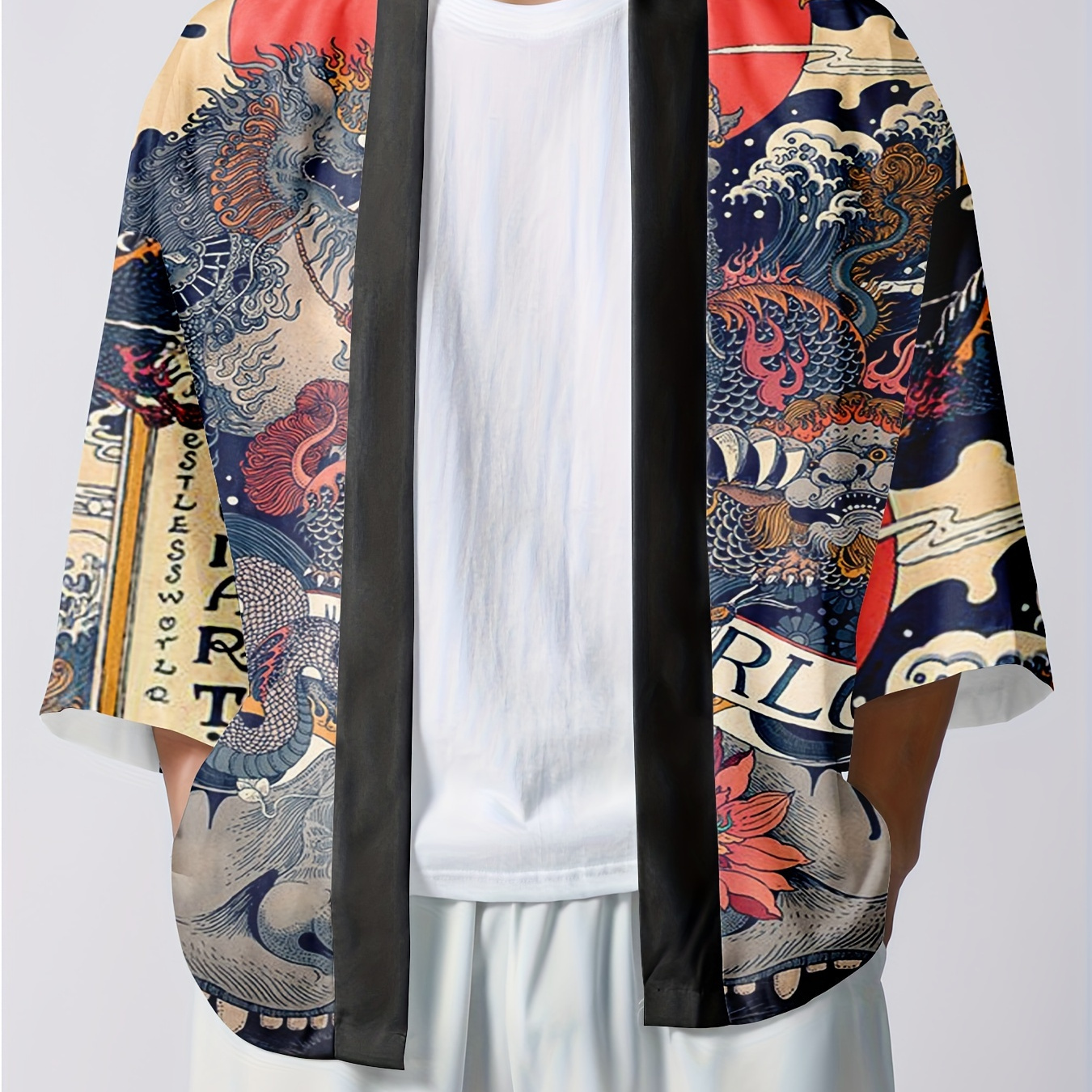 

Men's Vintage Style Monster Print Loose Open Front Kimono For Traditional Cultural Activities In Japan
