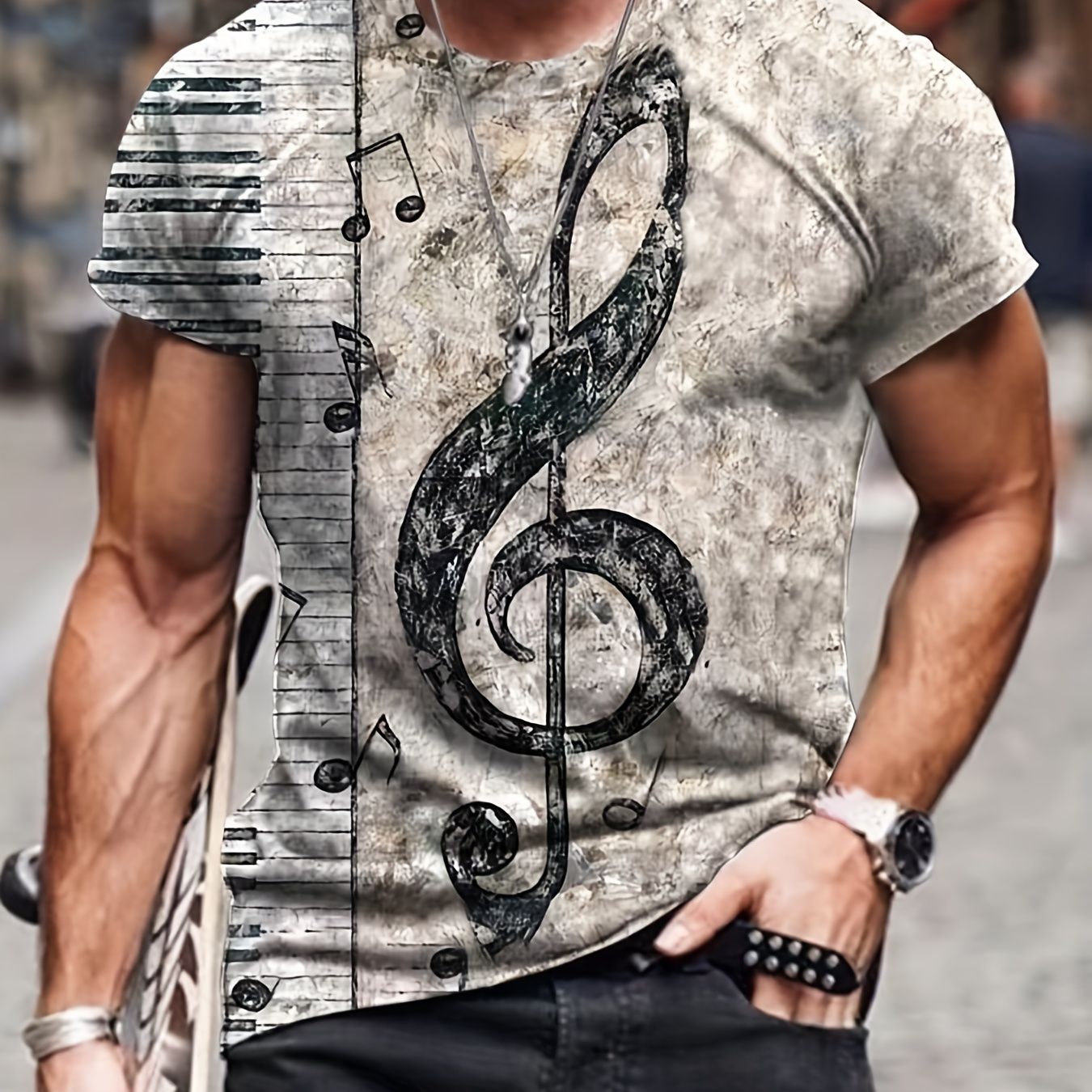 

Men's Musical Note Print T-shirt: A Comfy & Stylish Summer Essential!