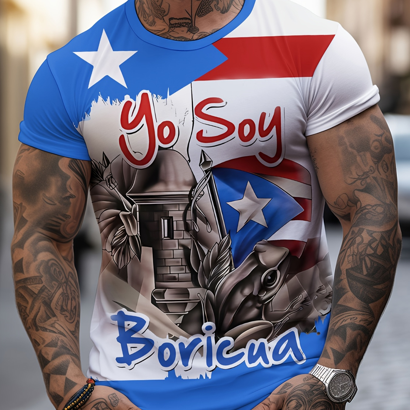 

Men's Puerto Themed 3d Print T-shirt - Casual Crew Neck Polyester Tee With Slight Stretch, Regular Fabric