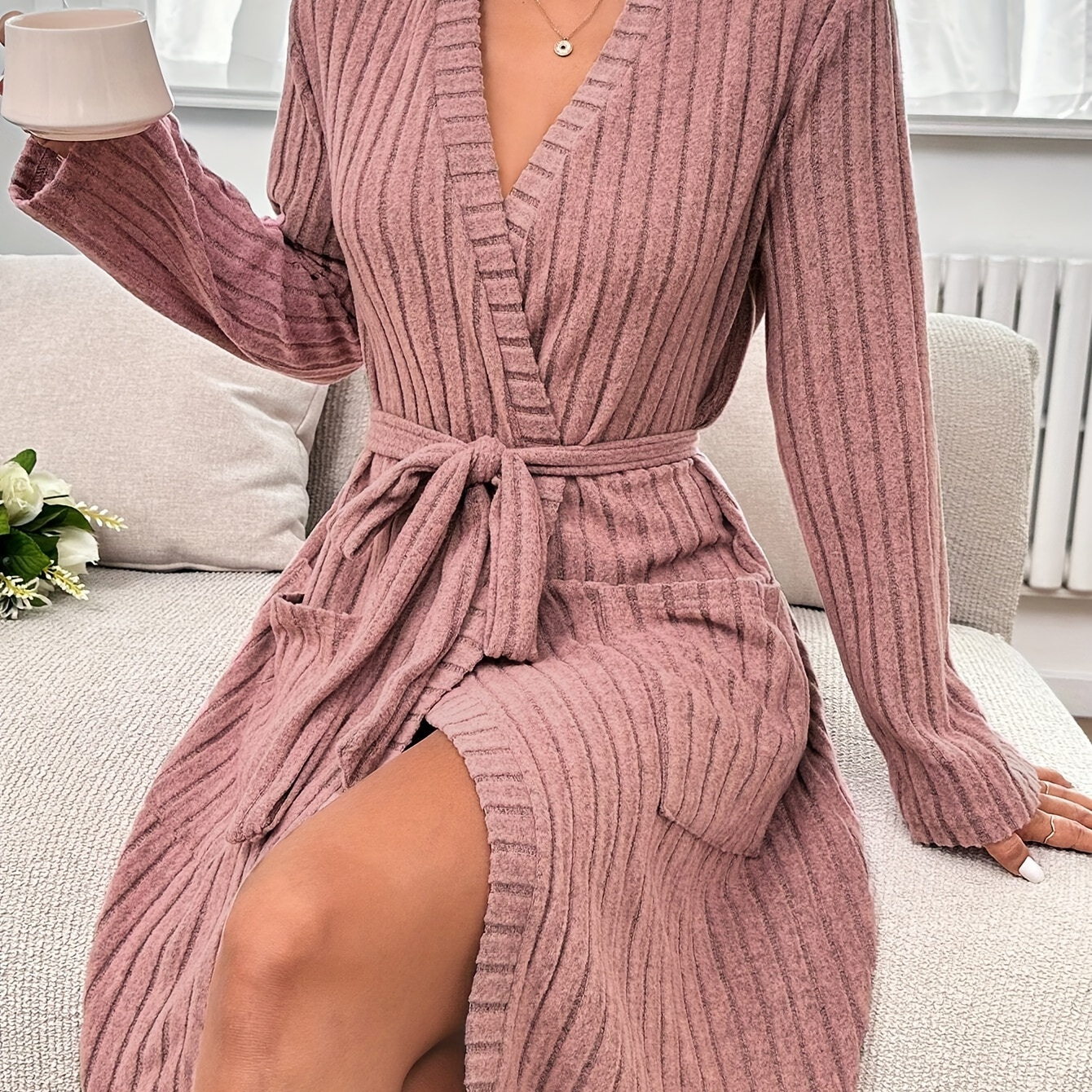 

Elegant V-neck Solid Color Long Sleeve Polyester Knit Dressing Gown With Belt And Ribbed , Hip Skirt Silhouette For - Adult