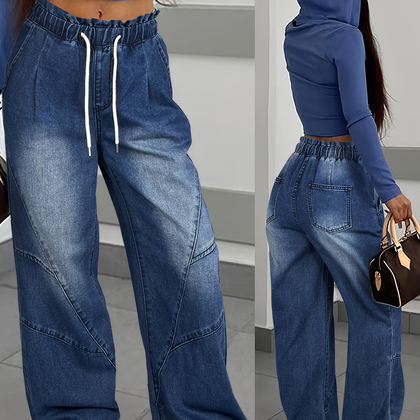 

Women's Y2k Style Wide-leg Jeans With Drawstring, Denim Fabric, , Long Length, Non-stretch, Woven, Slant Pockets - All