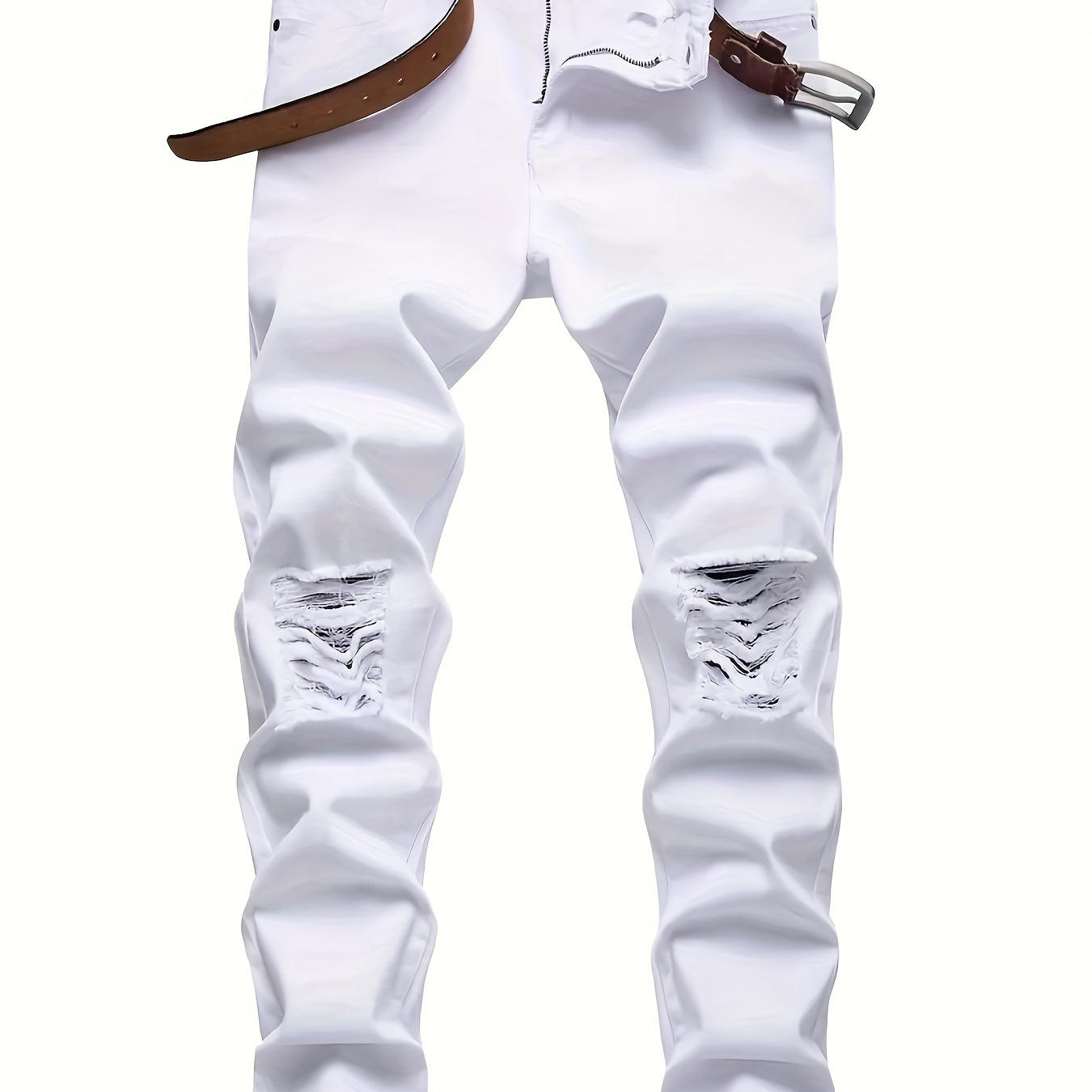 

Men's Solid Slim Fit And Cuffed Pants With Ripped Pieces And Pockets, Casual And Chic Pants For Leisurewear