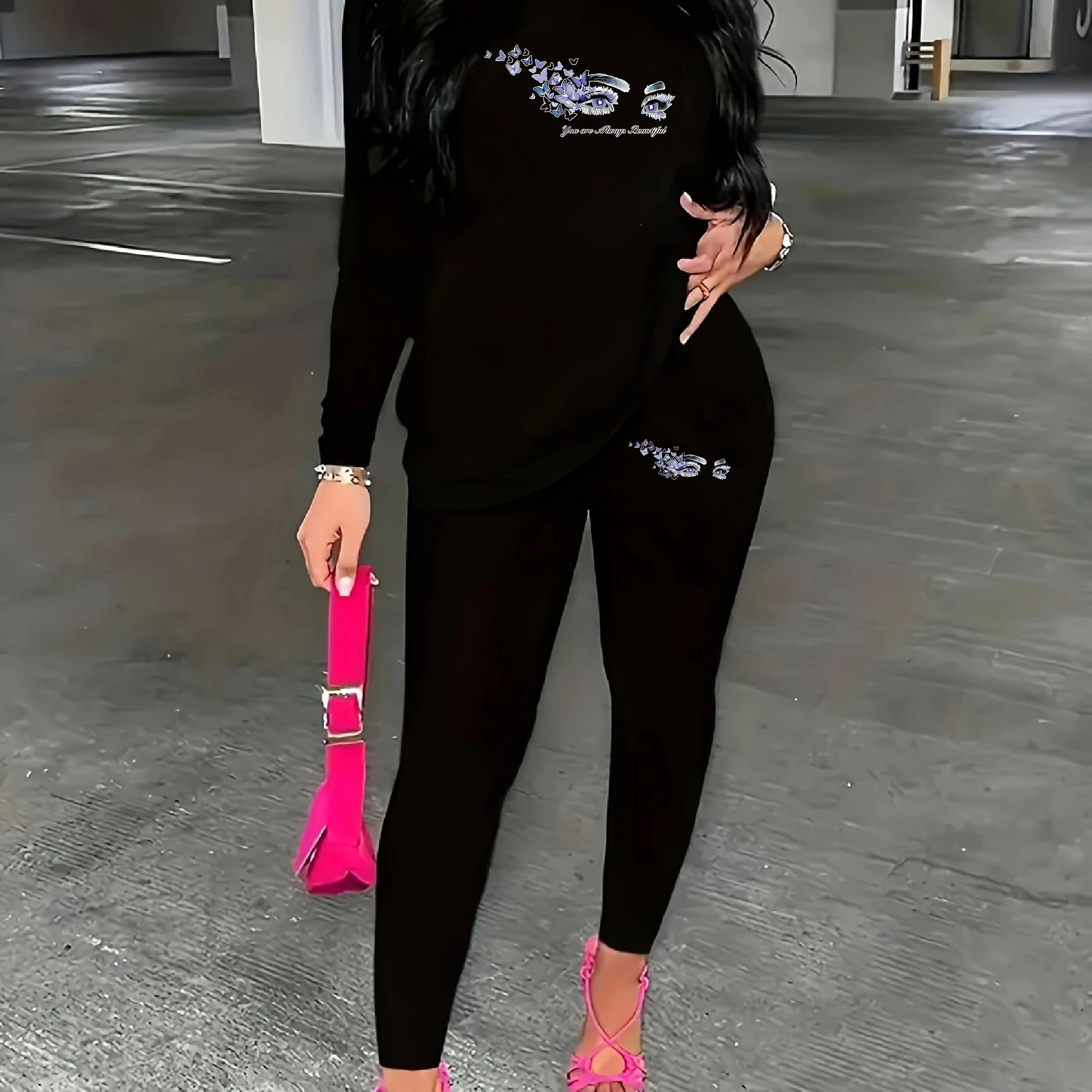 

Women's Casual Graphic Tee & Pants Set - Stretchy Polyester , Machine Washable, Round Neck - All