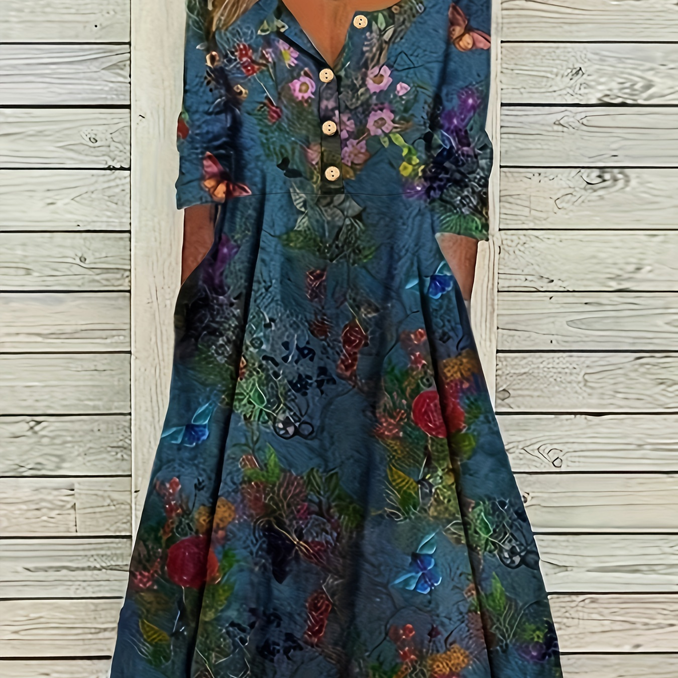 Plus Size Casual Dress, Women's Plus Floral Print Half Sleeve Round Neck Maxi Henley Dress With Pockets