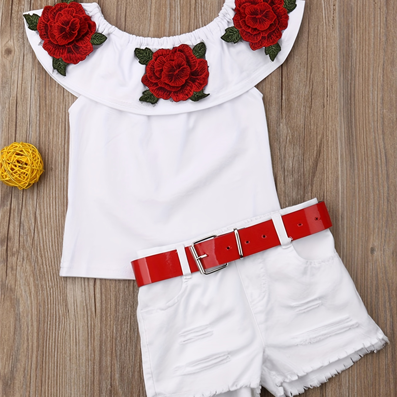 

2pcs Girls Cute Floral Decor Off Shoulder Top & Denim Shorts Set Clothes