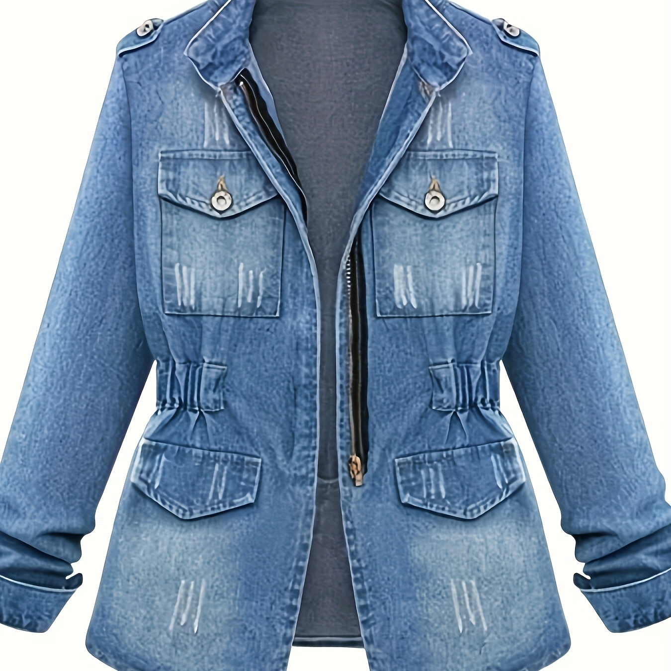 

Women's Plus Size Denim Jacket Ripped Zip-up Long Sleeve Jean Tops With Pockets Casual Outerwear