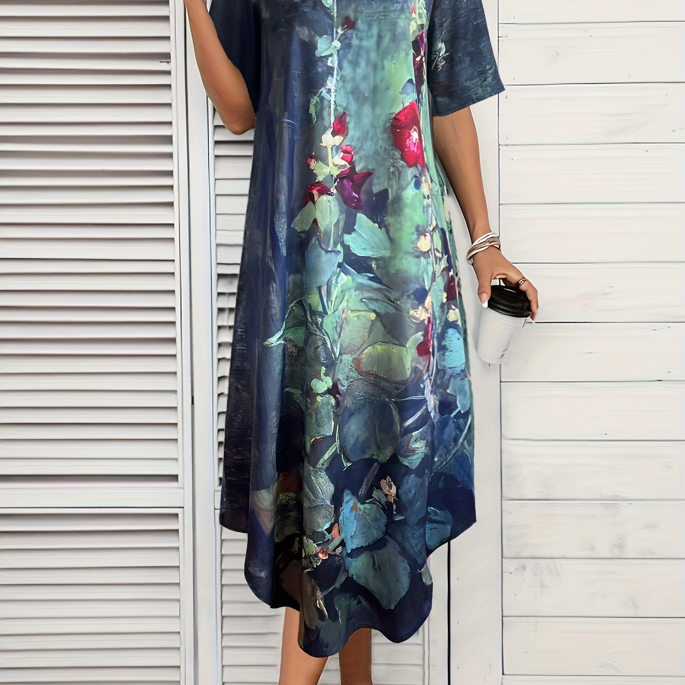 

Robe À Col Rond À Imprimé Floral, Robe Décontractée À Manches Courtes Pour Le Printemps Et L'été, Vêtements Pour Femmes