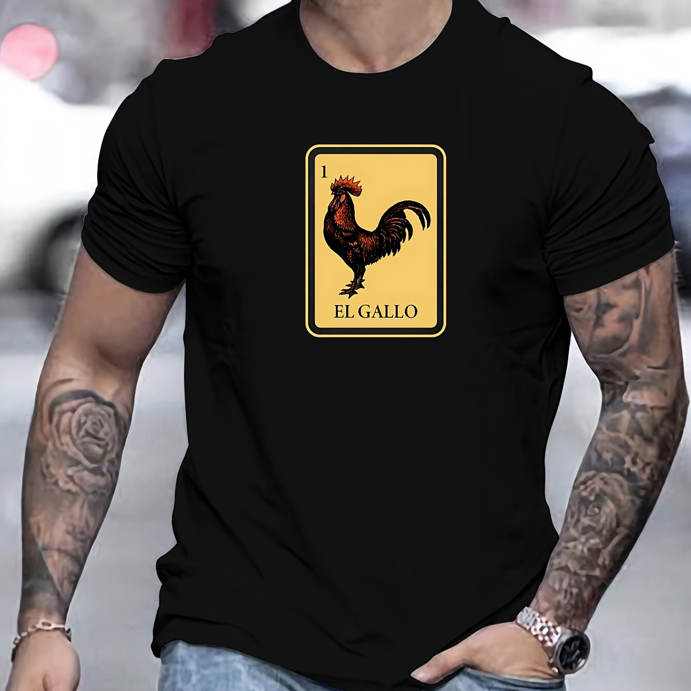 

Men's Zodiac Rooster Card Graphic Print Short Sleeve T-shirt, Perfect For Casual Summer Wear