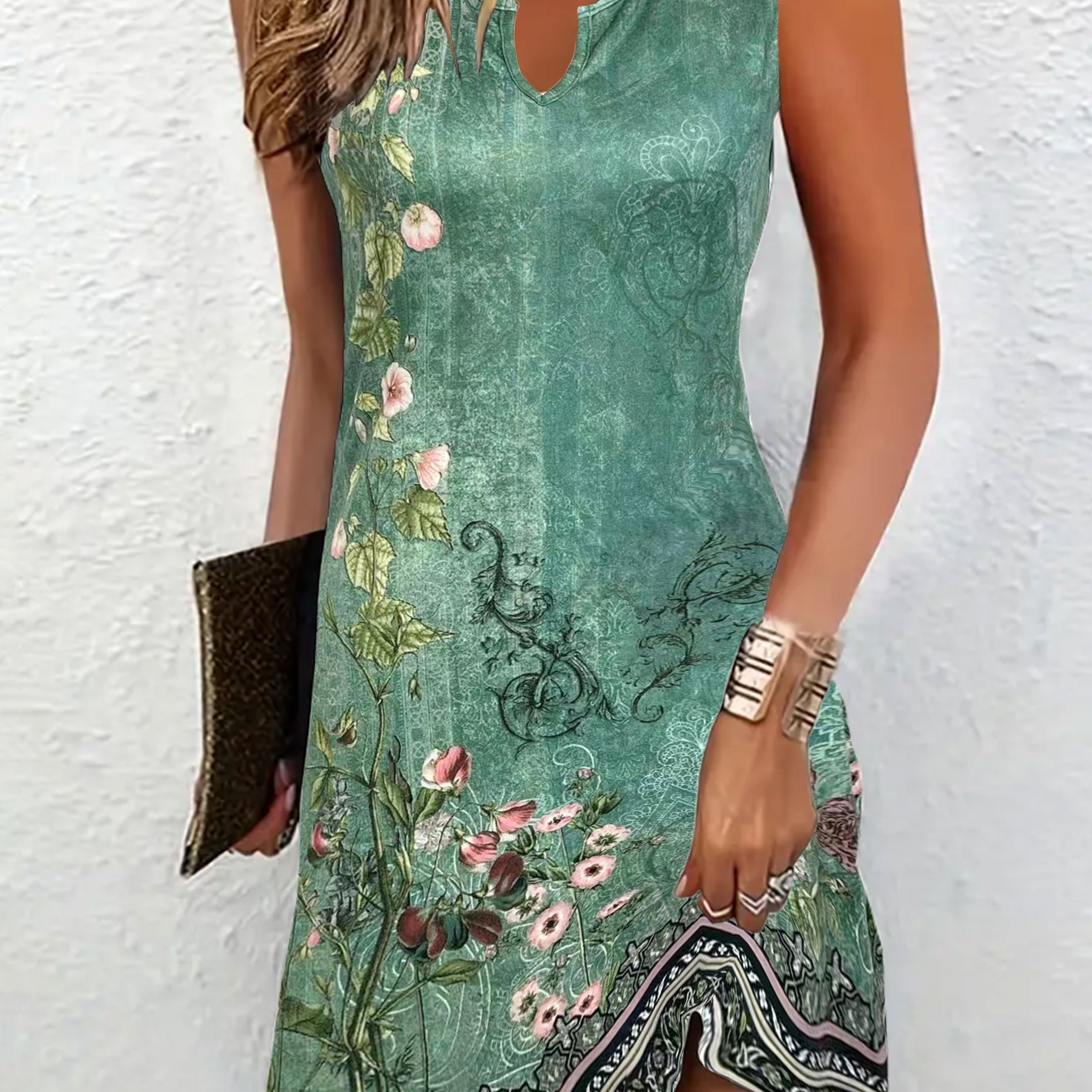 

Floral Print Notched Neck Dress, Casual Sleeveless Dress For Spring & Summer, Women's Clothing
