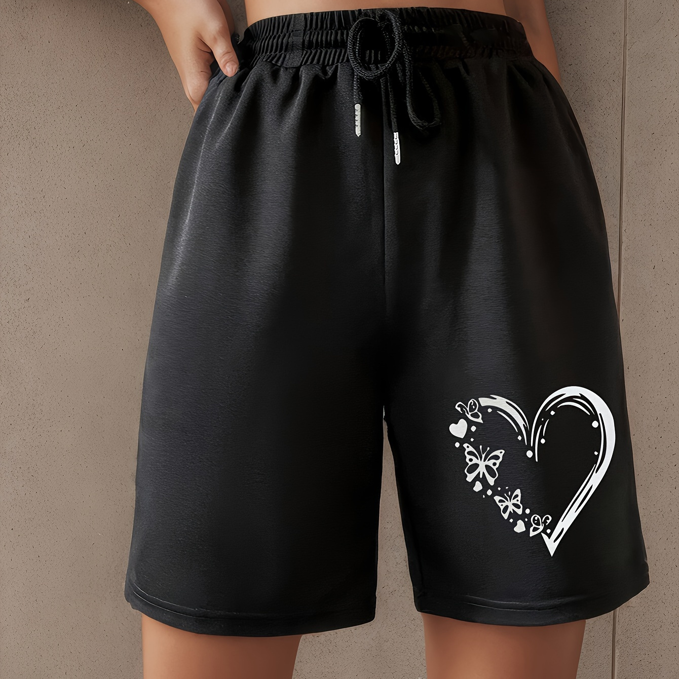 

Butterfly & Heart Print Drawstring Shorts, Casual Loose Shorts For Spring & Summer, Women's Clothing