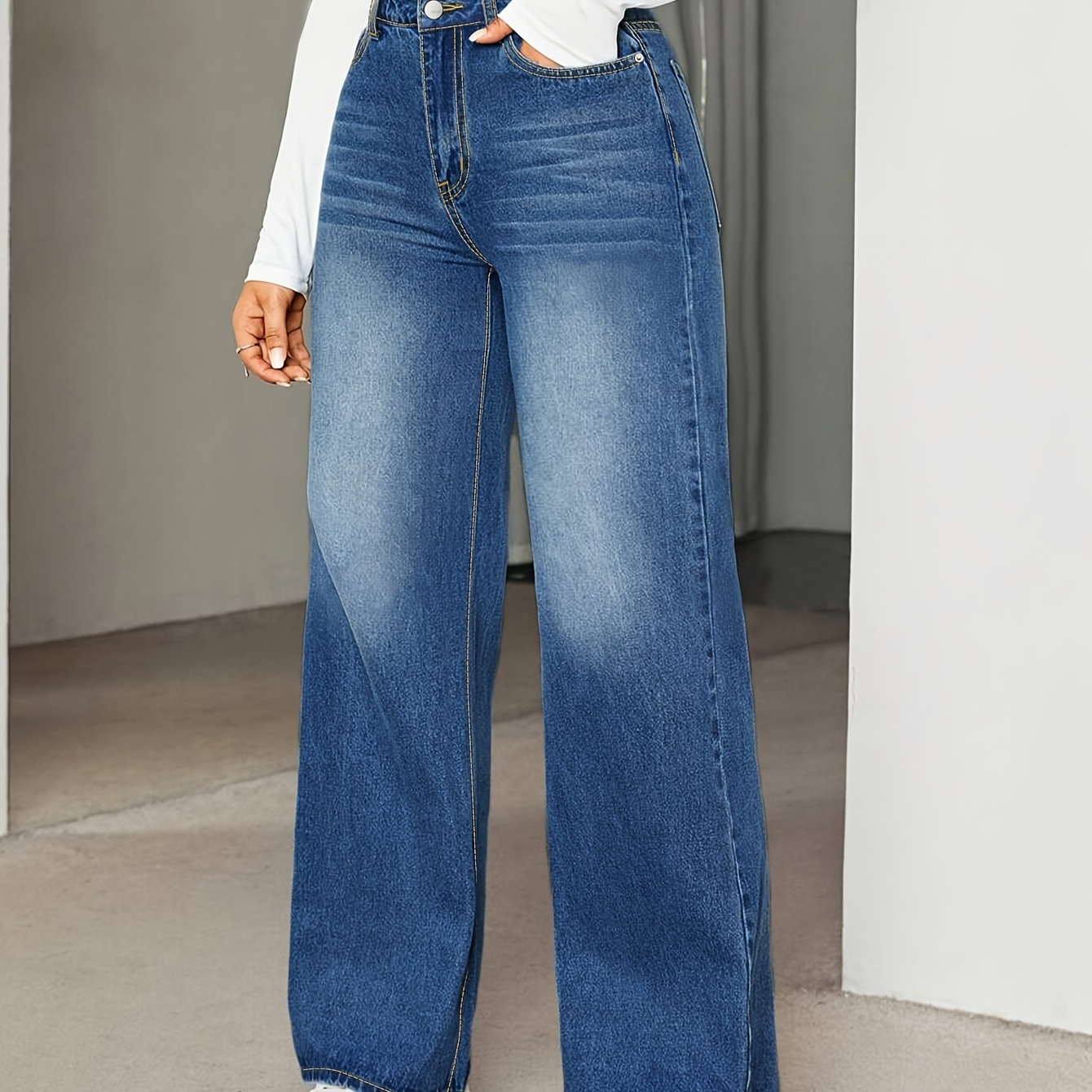 

Blue Wide Leg Pants Plus Size High Waisted Stretchy Plain Washed Blue Whiskering Jeans Denim Pants For Women