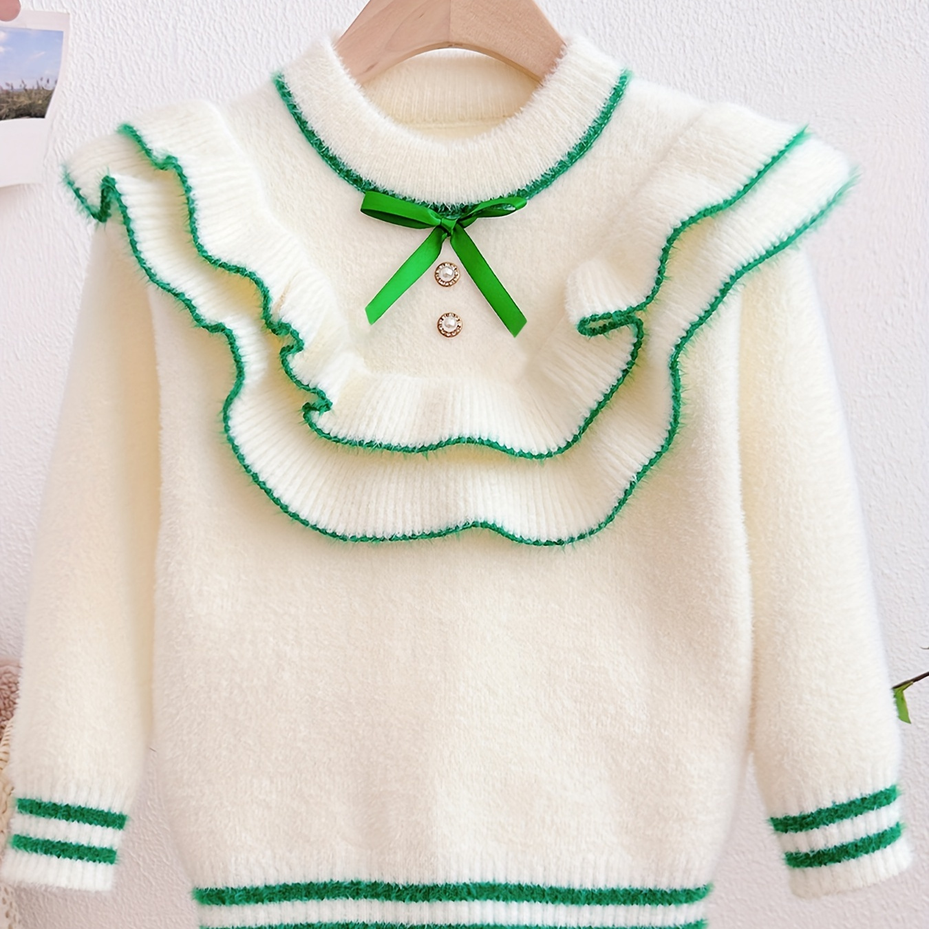 

Elegant Ruffle Knit Sweater For Girls, Furry Long Sleeve Crew Neck Jumper / Fall Clothing