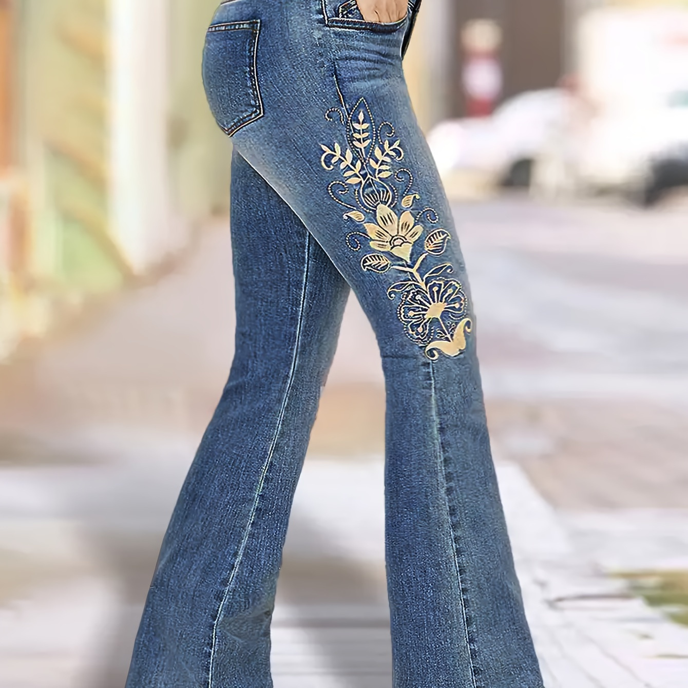 

1pc Elegant Low Waist Flare Leg Jeans For Women - Dk8110, Solid Color, Denim, Medium Stretch, Woven, Button Fly, , Long Length, Casual Weekend Style, Washed Detail