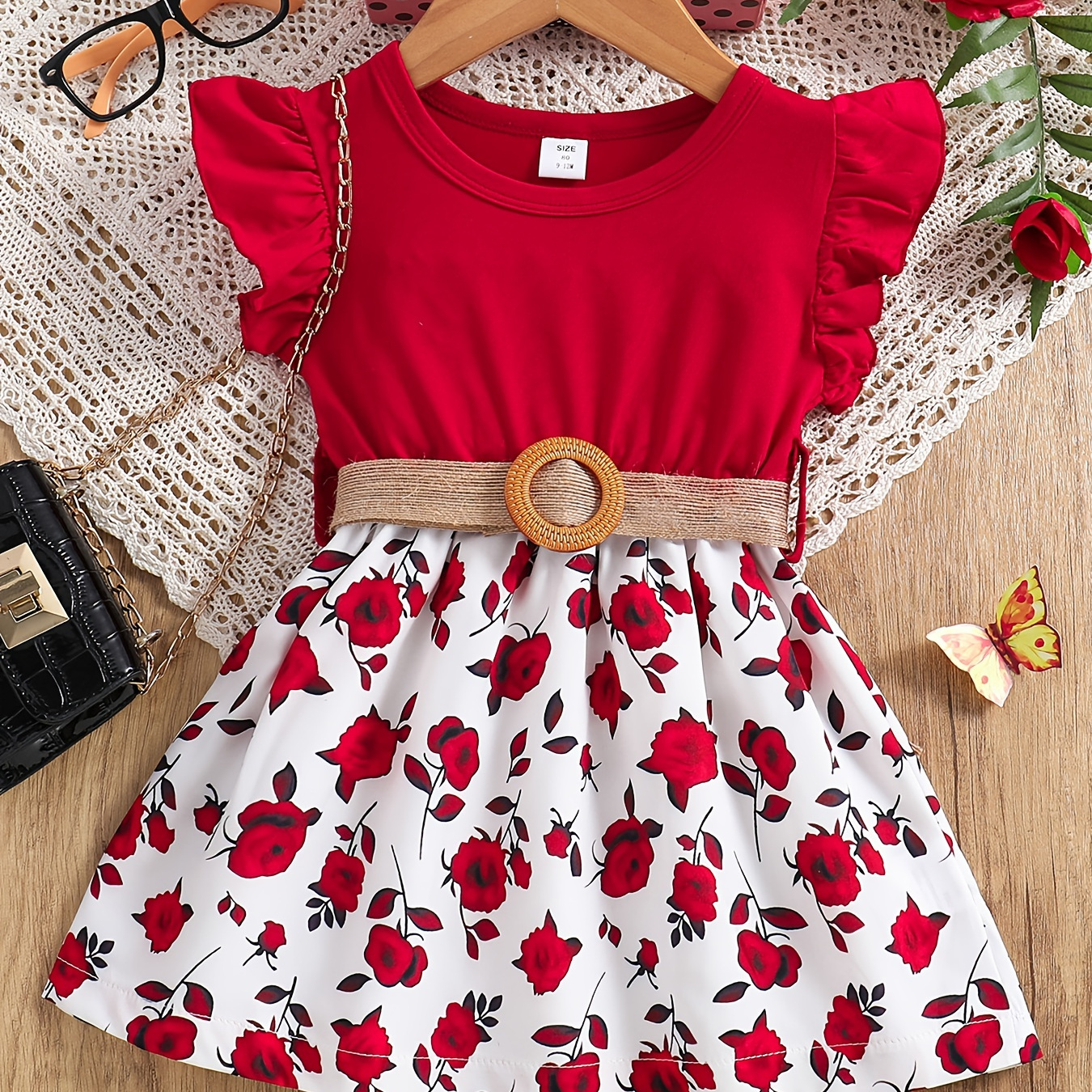

Little Girls Fancy Dress - Cute Flutter Sleeve Floral Print Belted Dress!