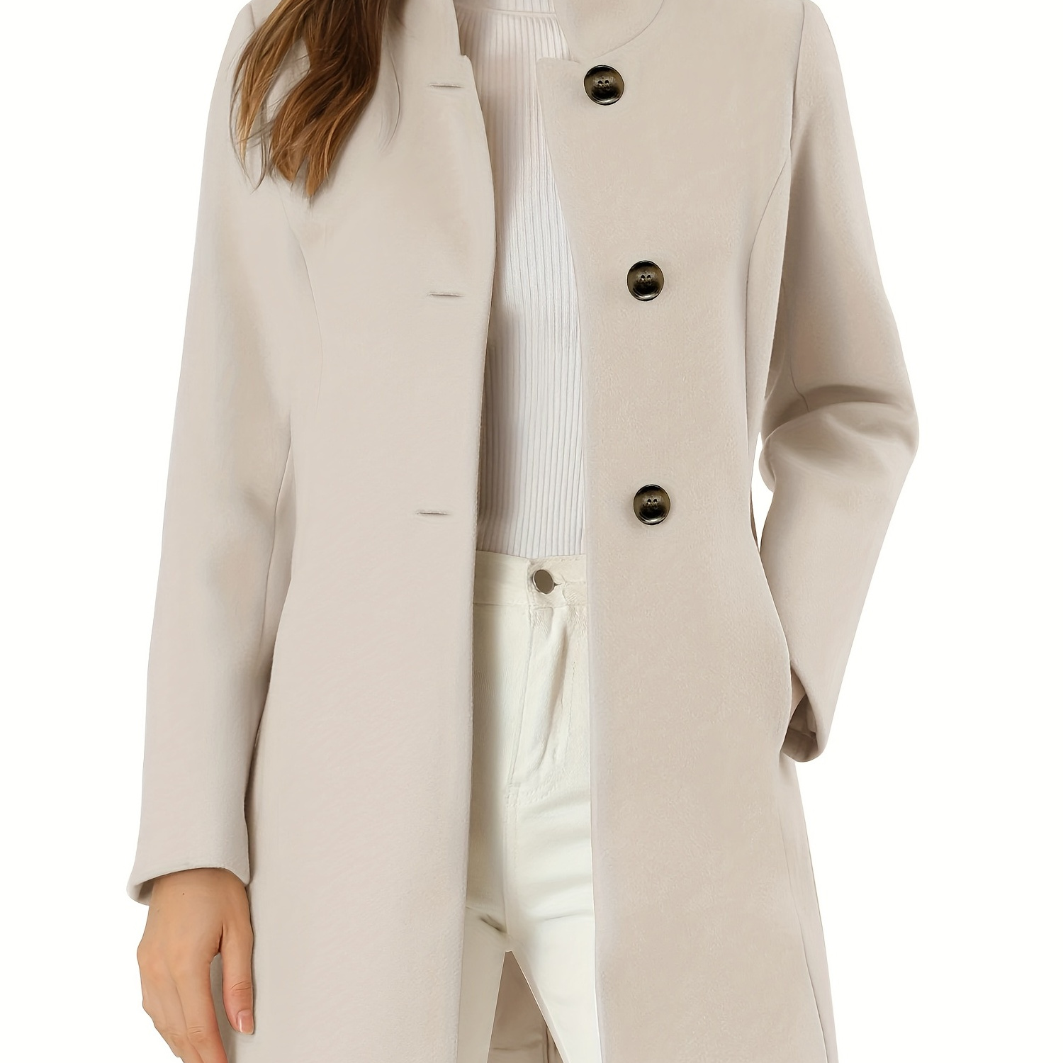 

Long Sleeve Button Up Overcoat, Solid Casual Coat For Spring & Fall, Women's Clothing