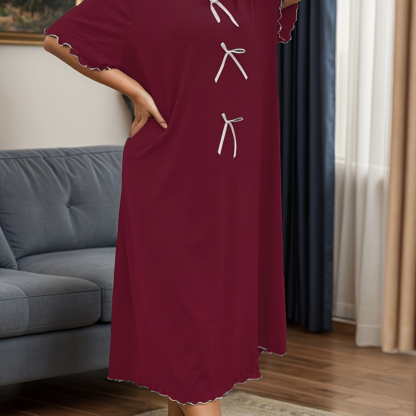 

Robe de Élégante Grande Taille avec Détail Nœud - Col en V, Manches Courtes, Ourlet à Volants en Mélange de Polyester , Lavable en Machine pour Femmes, Bordure Feuilles, Décontractée