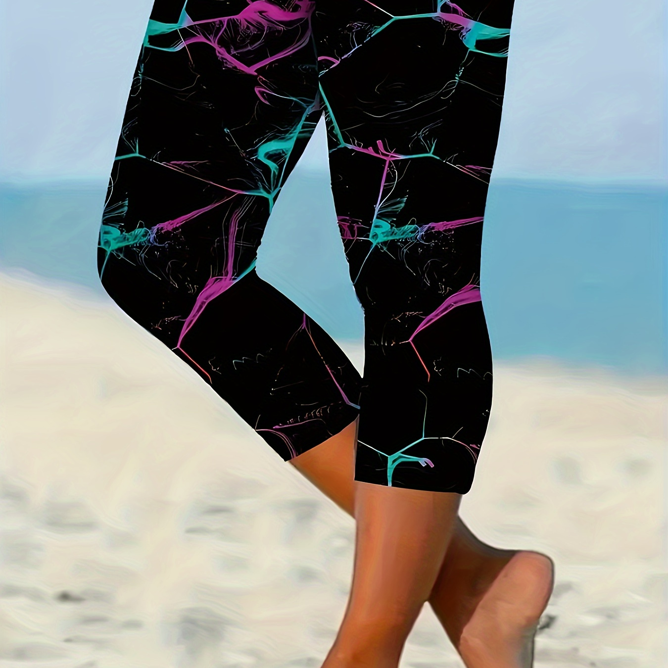 

Women's Stretchy Capri Leggings With Geometric Print - Casual, Breathable Polyester & Spandex For Spring/summer/fall