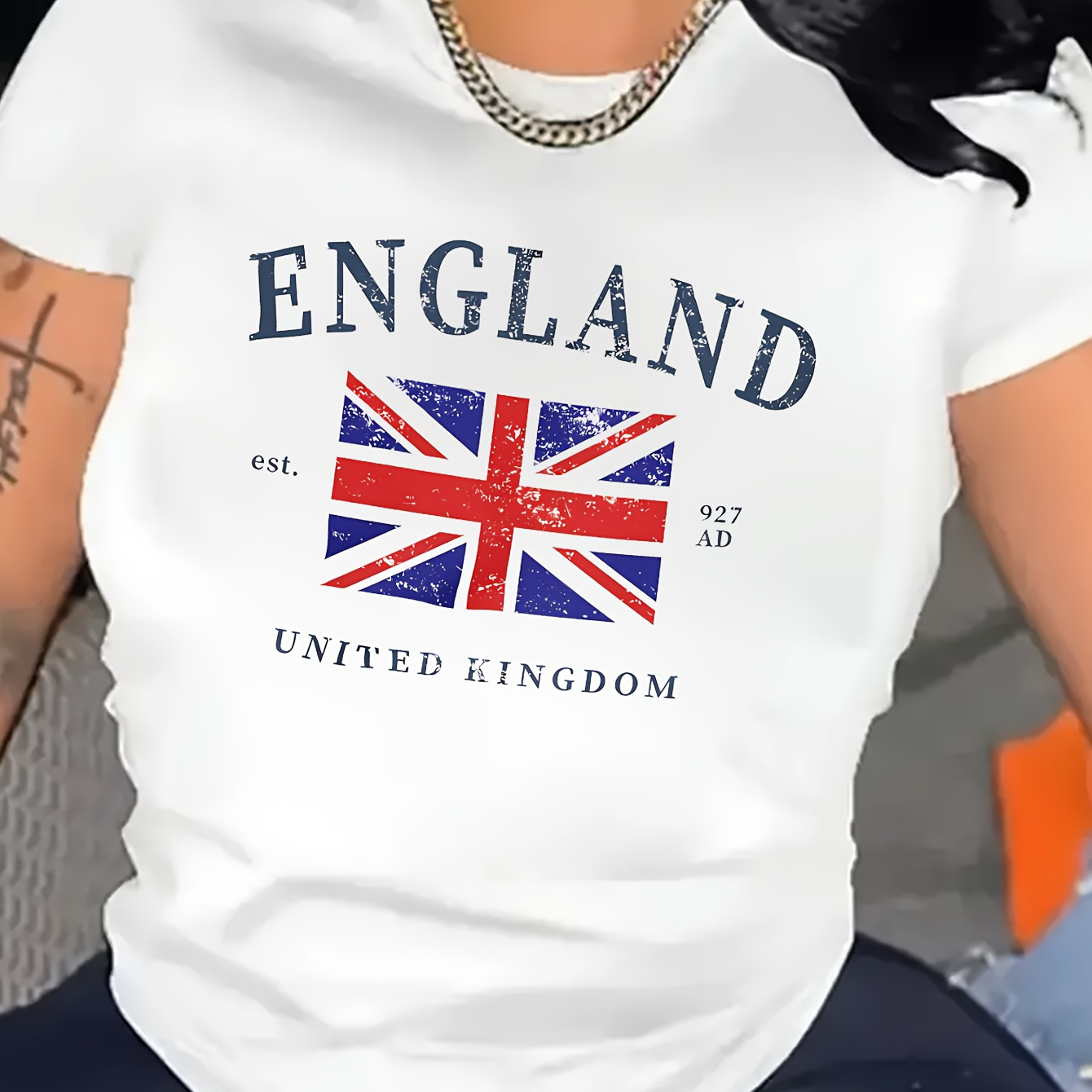 

England Print Crew Neck T-shirt, Casual Short Sleeve Top For Spring & Summer, Women's Clothing