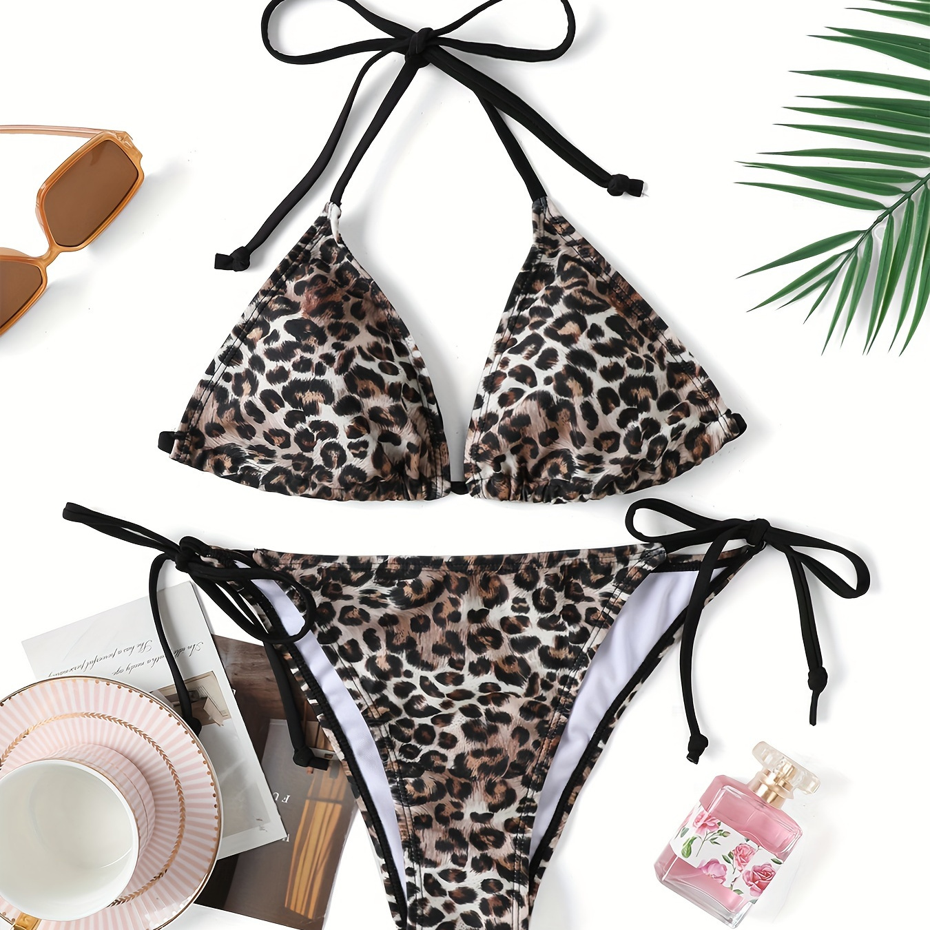 

Leopard Print 2 Piece Set Bikini, Halter V Neck Tie Back Backless High Cut Tie Side Swimsuits, Women's Swimwear & Clothing Triangle Top