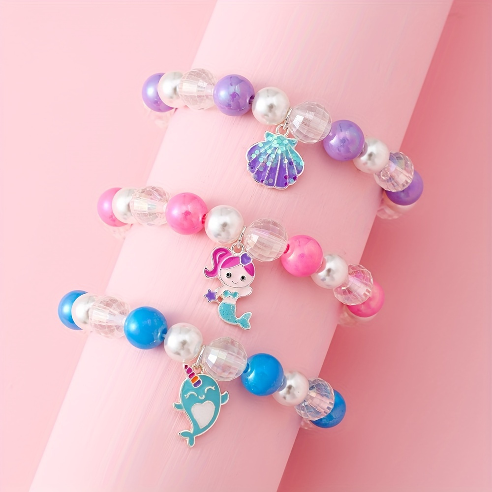 

3pcs Cute Ocean Mermaid Glitter Shell Narwhal Charm Stretchable Bracelet Set, Ideal Choice For Gifts