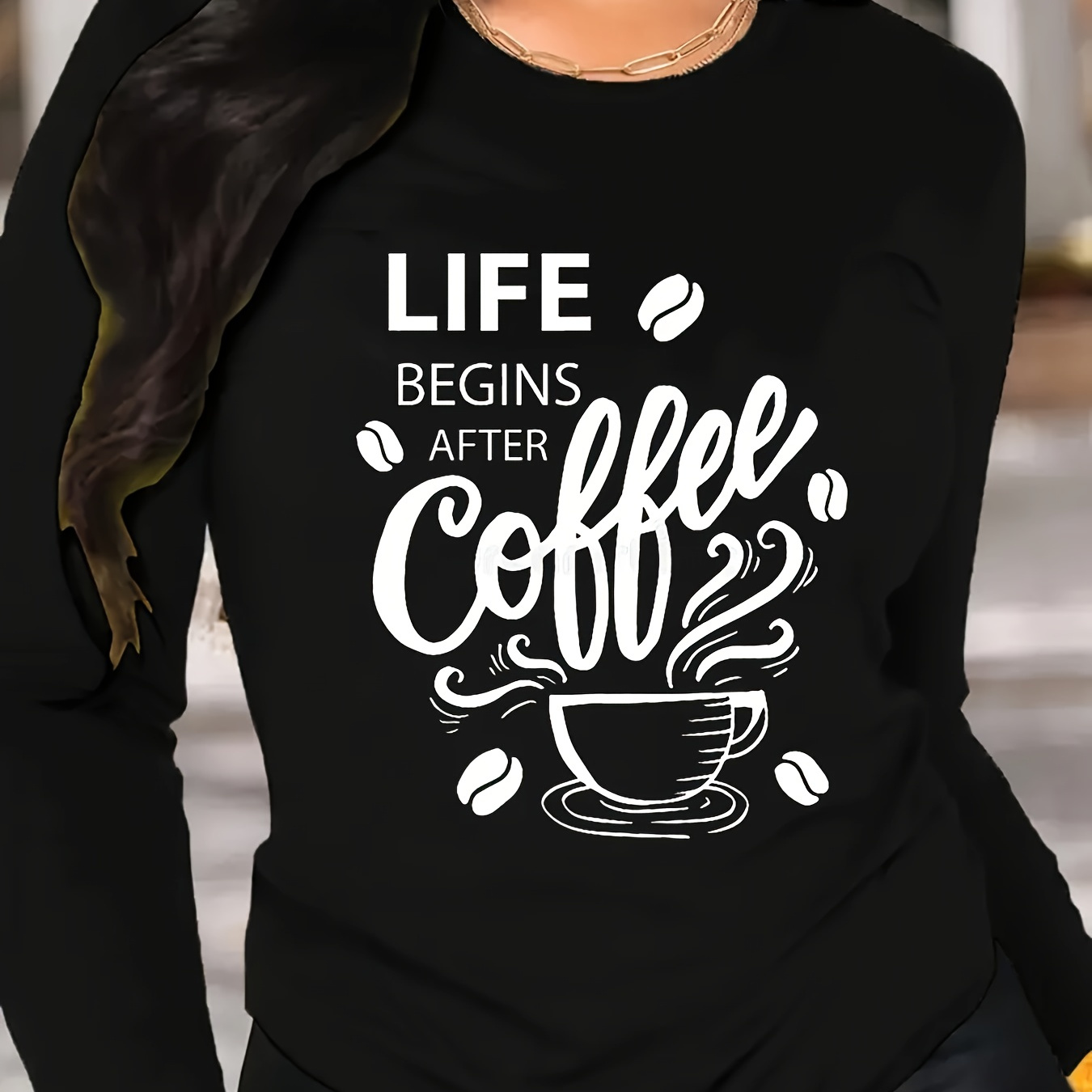 

Soft & Comfy Women's Long Sleeve T-shirt With Coffee Cup Graphic - Casual Crew Neck, Breathable Polyester , Spring/fall