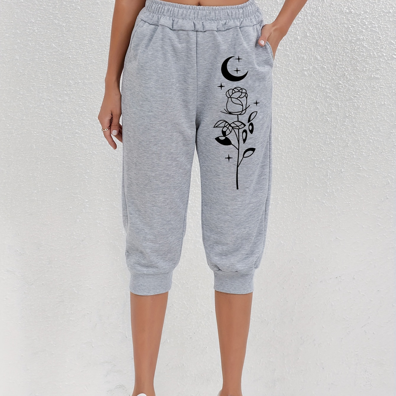 

Rose Print Fitted Bottom Joggers, Casual Waist Slant Pockets Sporty Capris Pants For , Women's Clothing