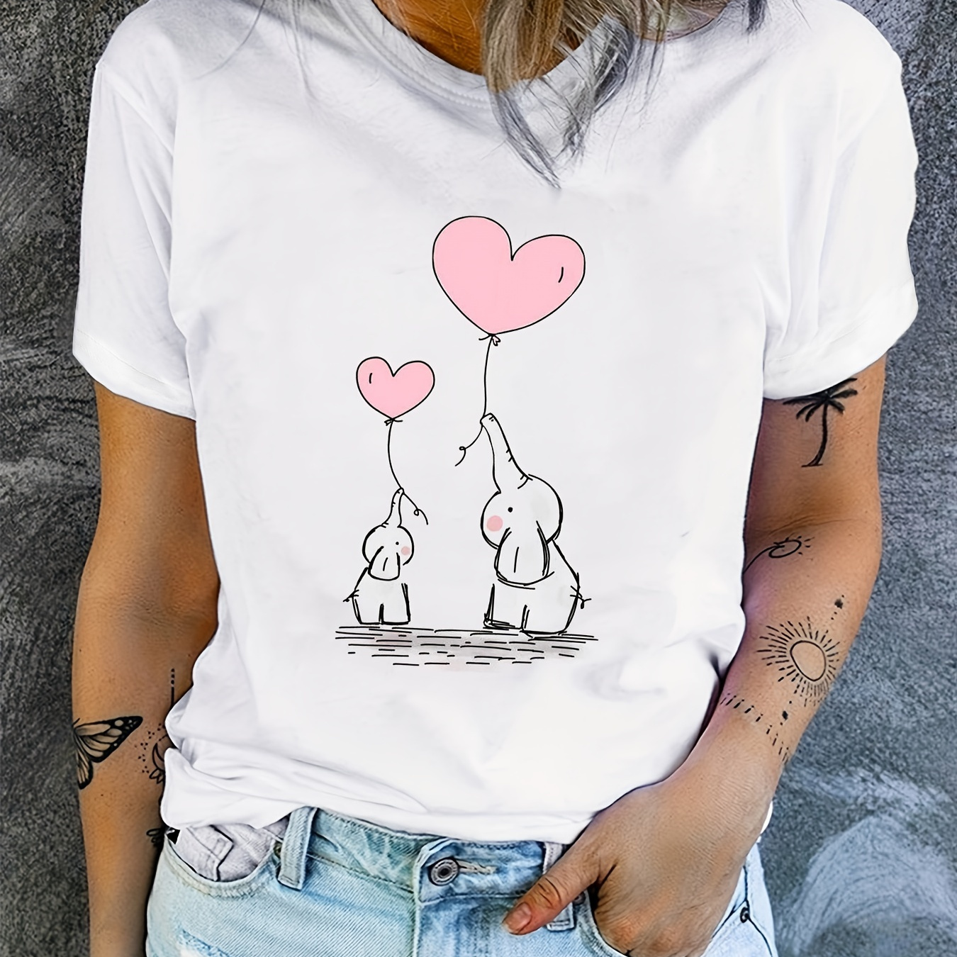 

Heart & Elephant Print Crew Neck T-shirt, Casual Short Sleeve T-shirt For Spring & Summer, Women's Clothing