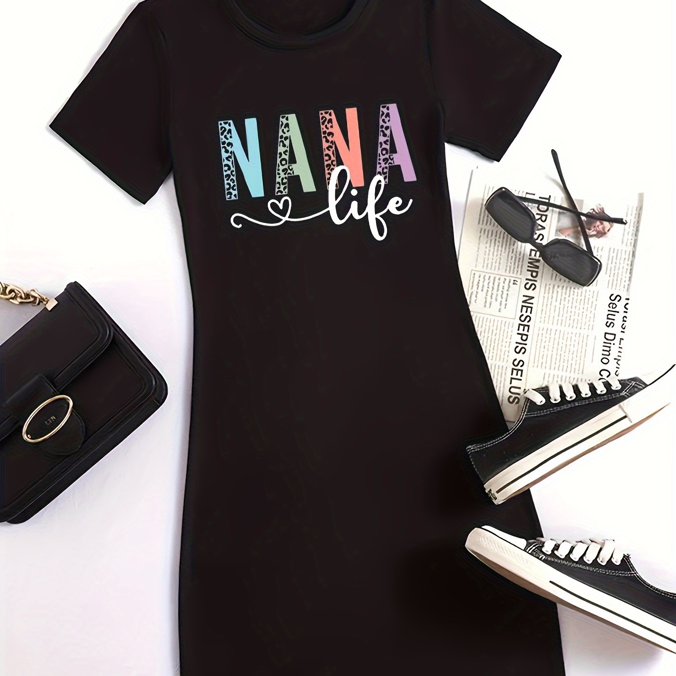 

Nana Life Print Crew Neck Dress, Short Sleeve Casual Dress For Summer & Spring, Women's Clothing