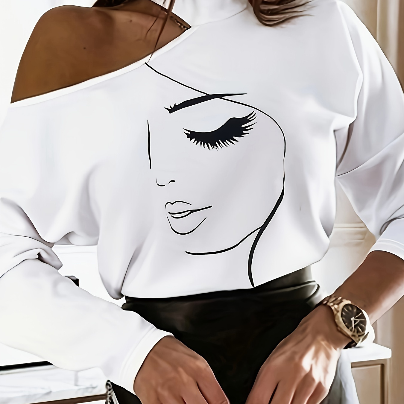 

Figure Print Cut Out Asymmetrical T-shirt, Casual Mock Neck Long Sleeve T-shirt For Spring & Fall, Women's Clothing