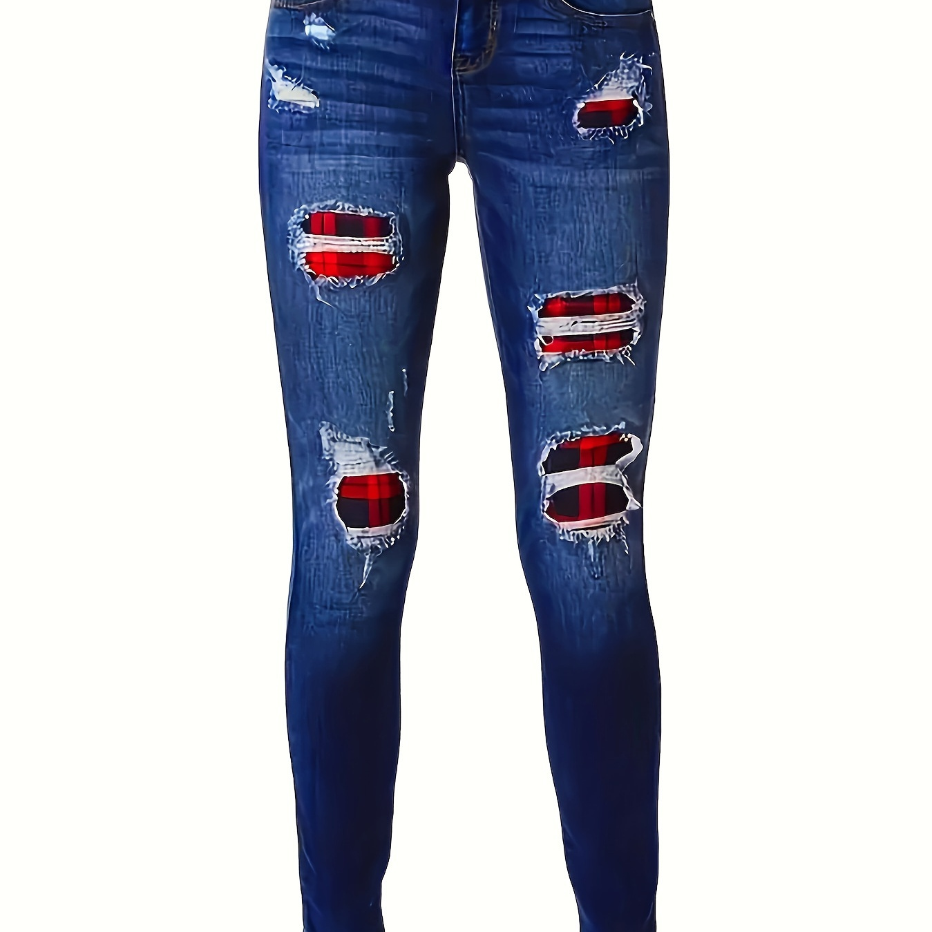 

Plus Size Casual Jeans, Women's Plus Colorblock Gingham Print Washed Ripped Button Fly Skinny Jeans
