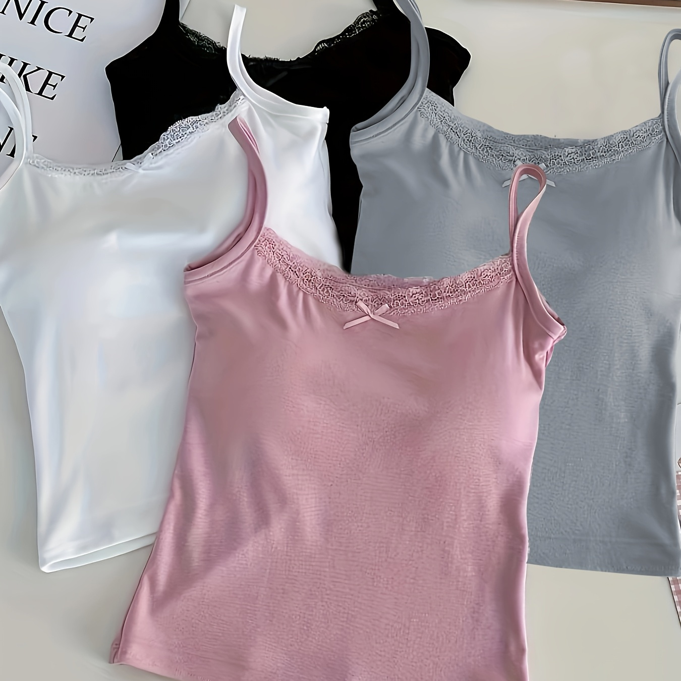 

4pcs Elegant Lace Trim Camisoles For Women, Polyamide Knit Fabric, Solid Color, , With Built-in Bra And Bow Detail, For Layering Tank Tops