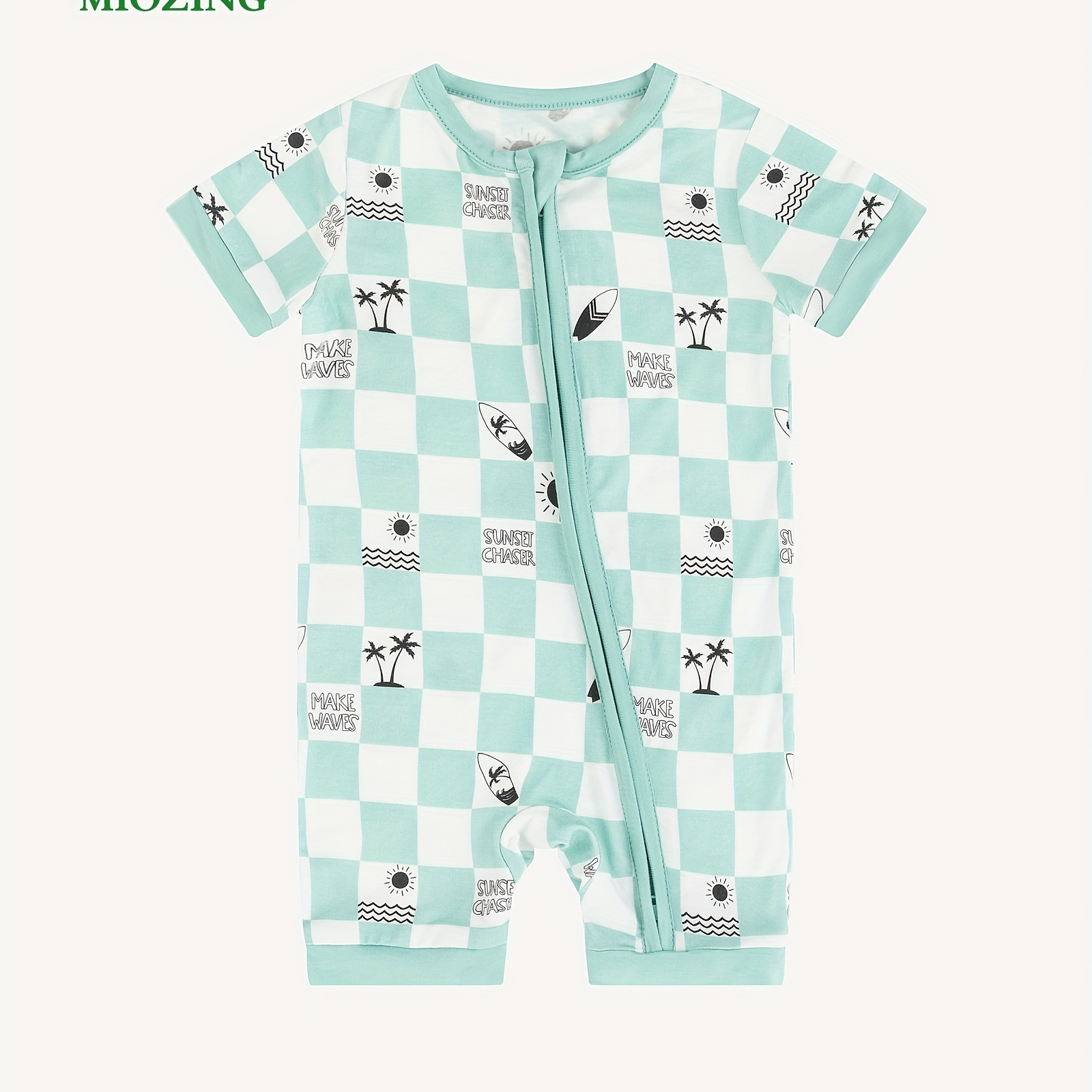 

Miozing Bamboo Fiber Bodysuit For Baby, Checkerboard Coconut Tree Pattern Short Sleeve Onesie, Infant & Toddler Girl's Romper