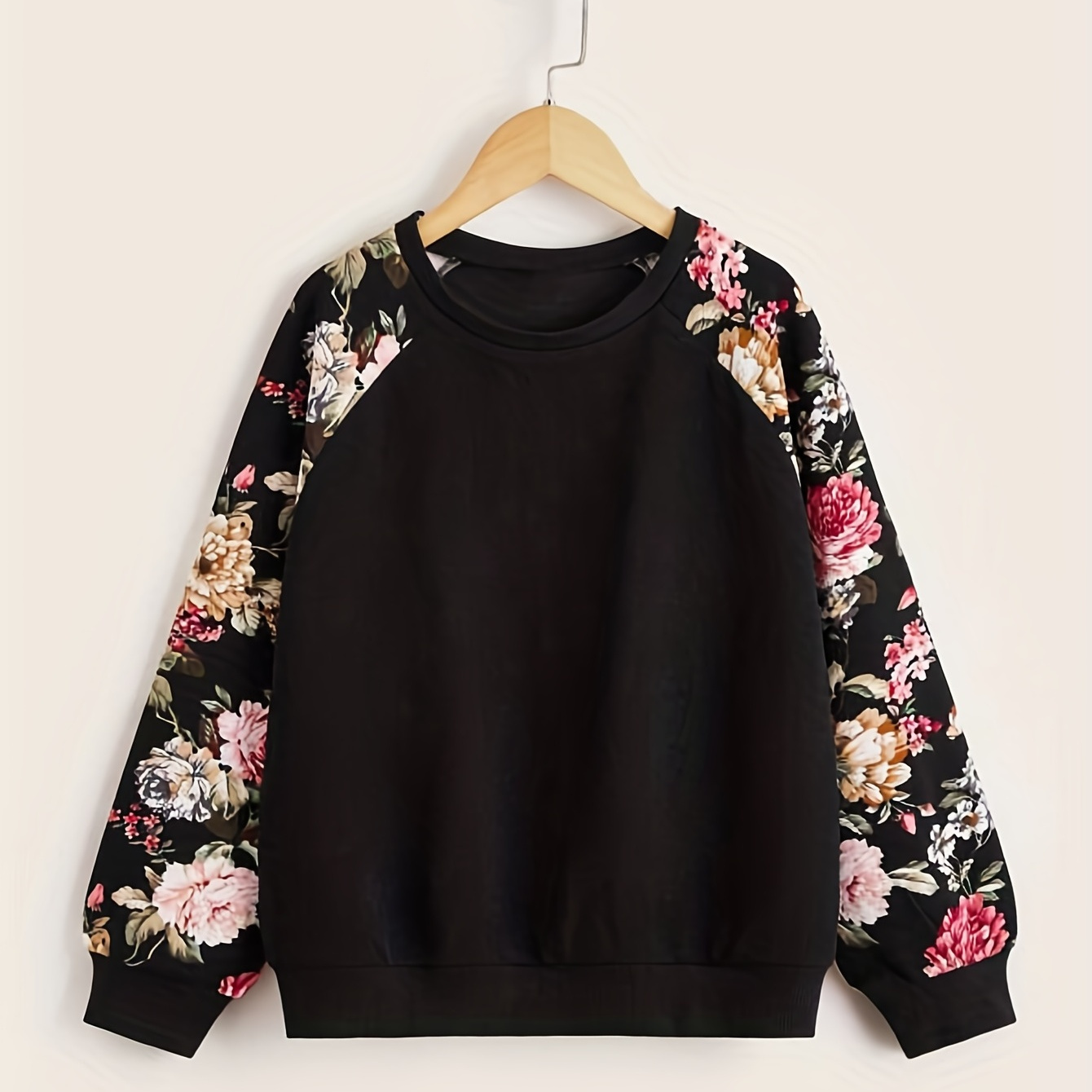 

Floral Print Pullover Sweatshirt, Casual Raglan Sleeve Crew Neck Sweatshirt For Fall & Winter, Women's Clothing