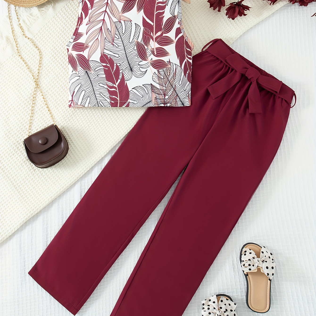 

Elegant Girl's 2pcs, Leaves Print Crew Neck Sleeveless T-shirt Top + Strapped Pants Set For Summer Holiday Gift
