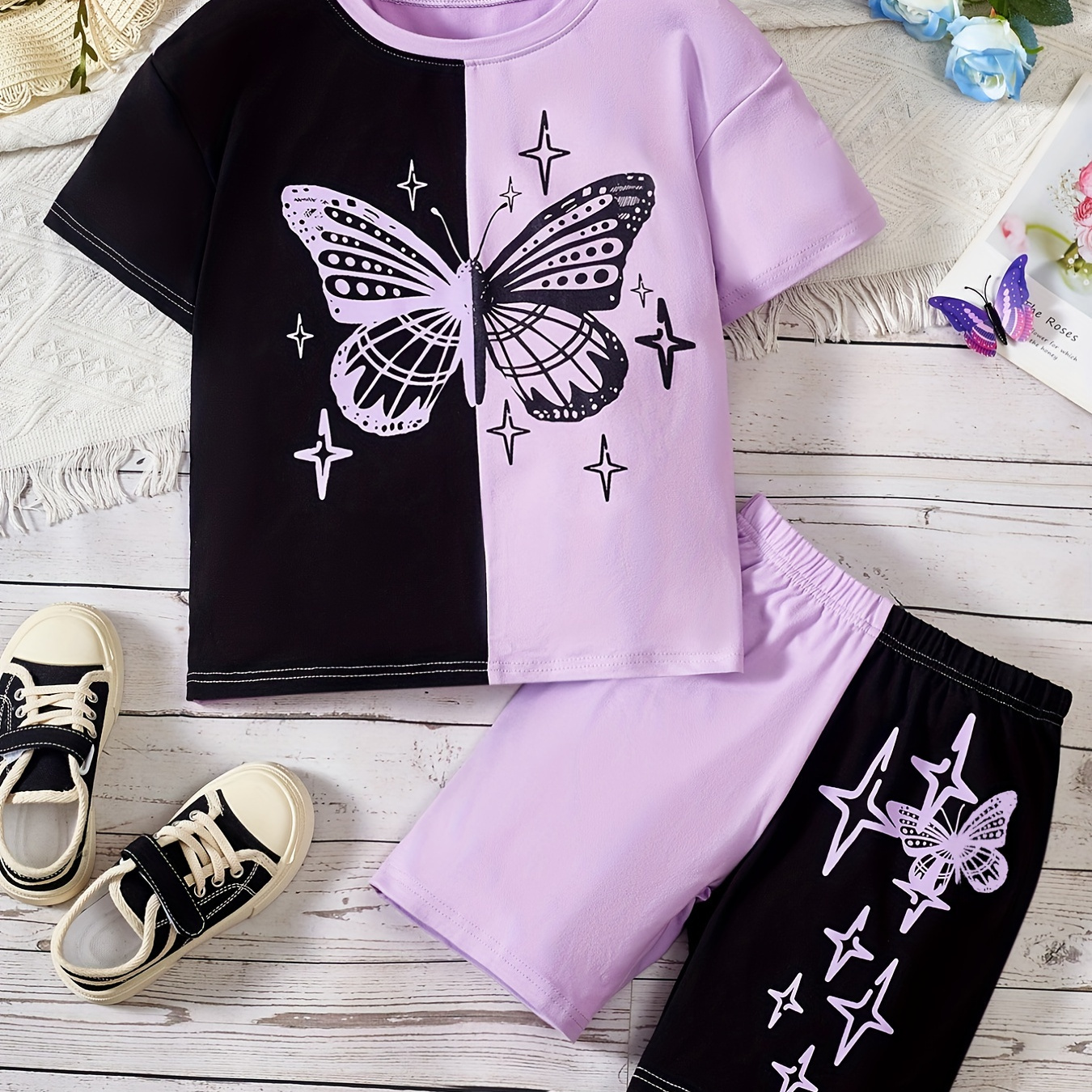 Girl's Trendy Two-piece Set, Contrast Color Butterflies Graphic Tee Top & Shorts