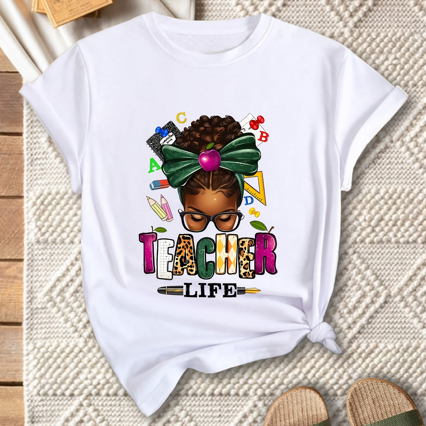 

Women's Casual Sports T-shirt Top, Plus Size Teacher's Day Print Gift Stretchy Round Neck Breathable Fabric Short Sleeve Fitness Tee Top