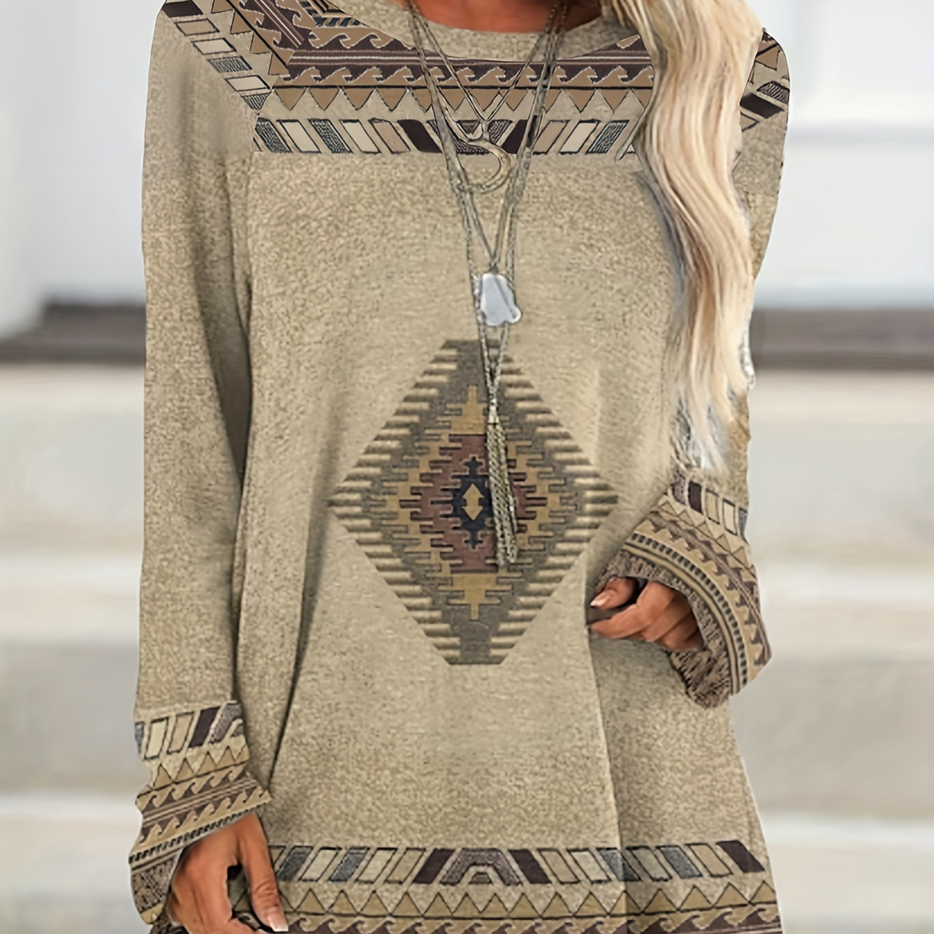 

Plus Size Casual Top, Women's Plus Southwestern Print Long Sleeve Round Neck Slight Stretch Top