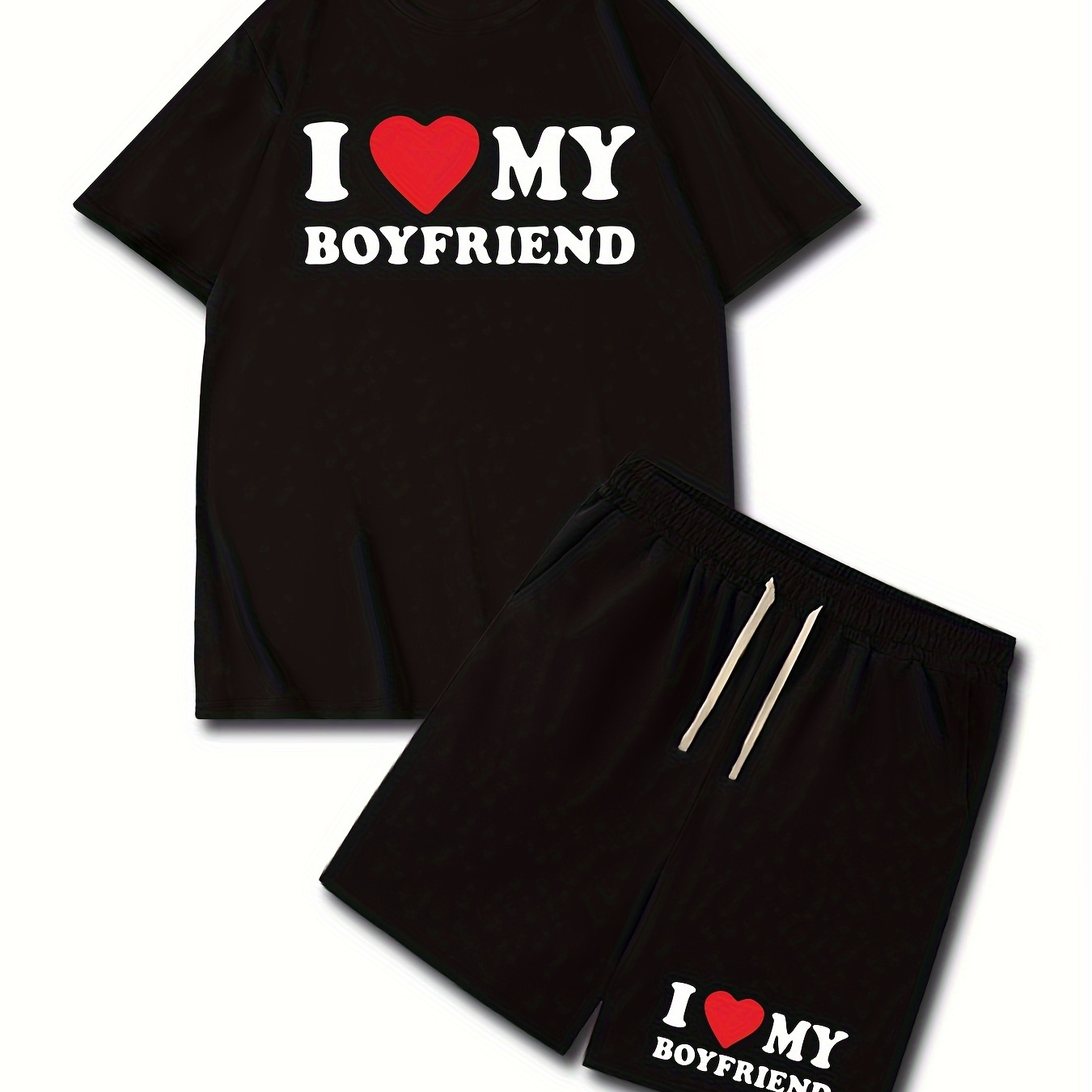 

I Love Boyfriend Print Men's Short Sleeve T-shirt & Drawstring Shorts 2pcs Casual Sports Regular Tee Top Pants Suit Outfits For Spring Summer, As Gifts