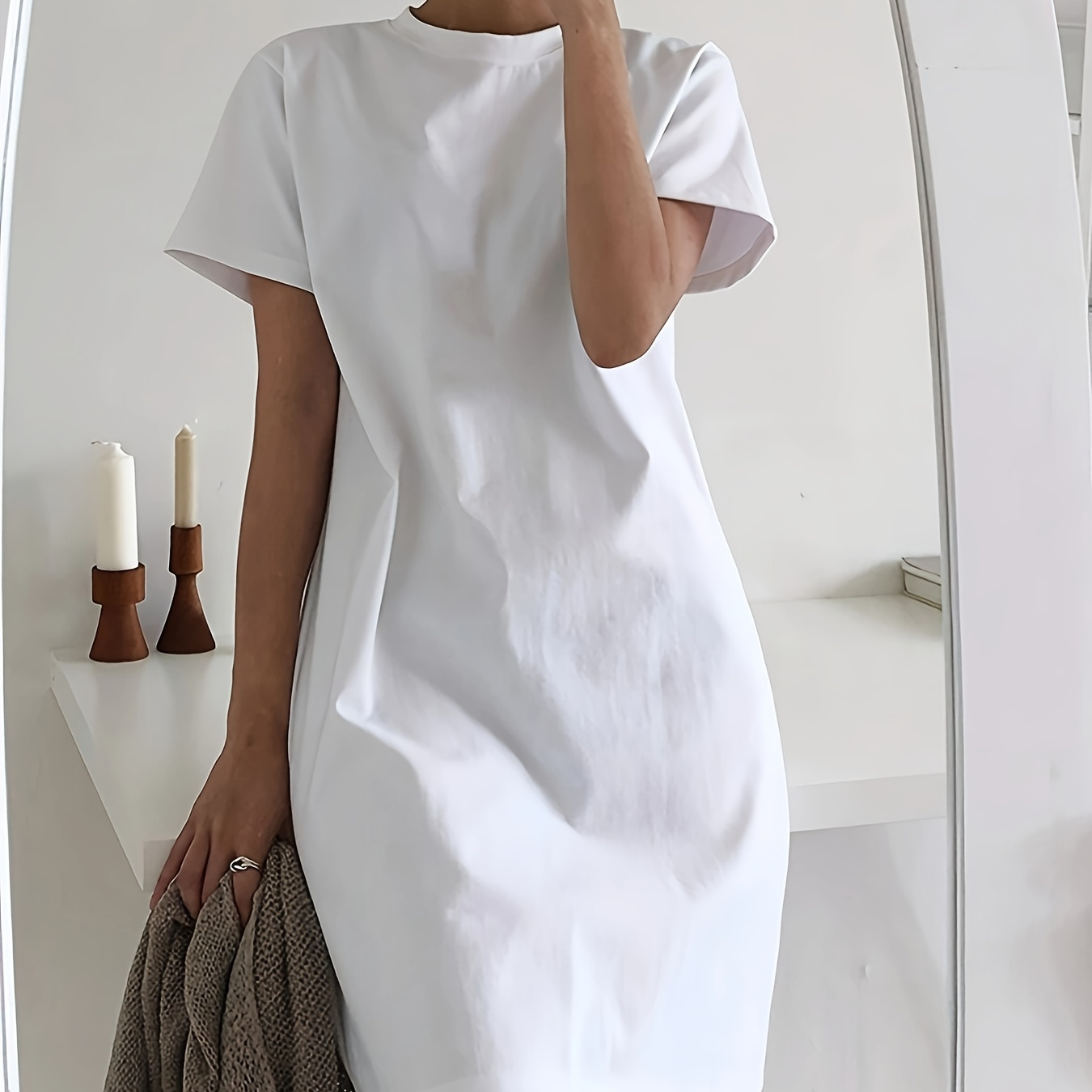 

Crew Neck Solid Simple Loose Dress, Casual Short Sleeve Dress For Spring & Summer, Women's Clothing