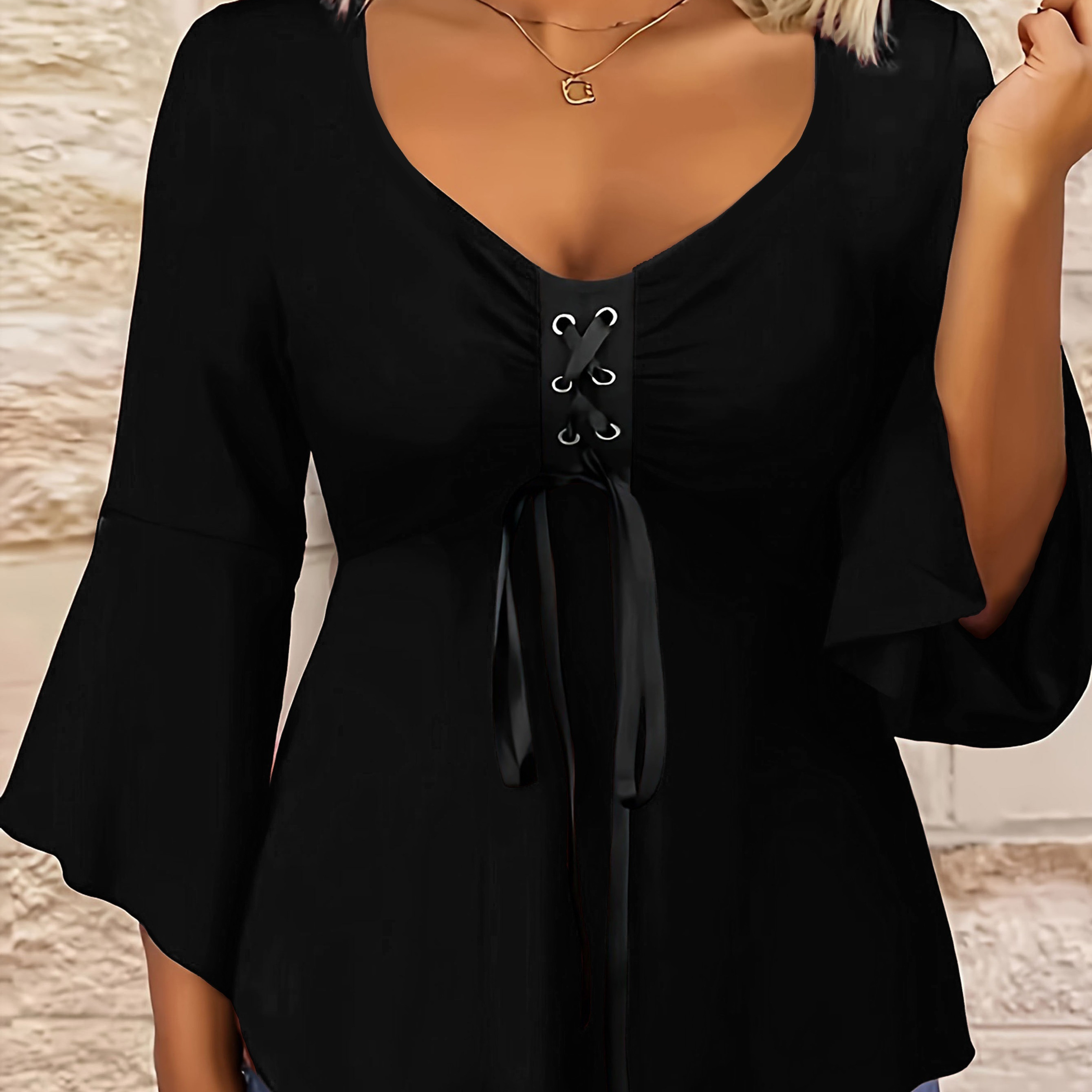 

Plus Sized Crisscross Lace Up T-shirt, Elegant Bell Sleeve Ruffle Hem Top For Spring & Fall, Women's Plus Size Clothing