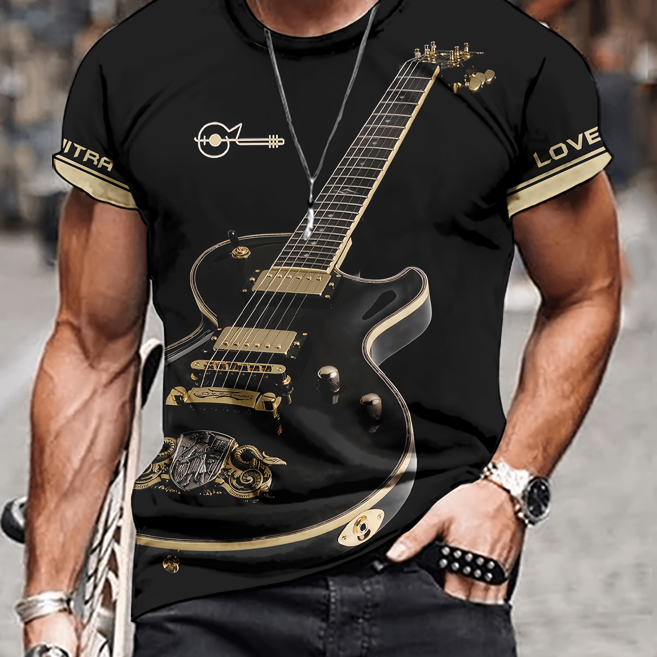 

Men's Guitar Print T-shirt, Casual Short Sleeve Crew Neck Tee, Men's Clothing For Outdoor