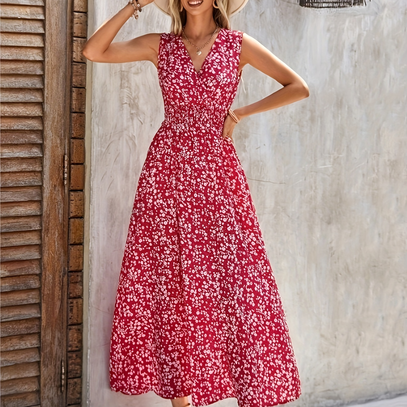 

Floral Print V-neck Tank Dress, Elegant Sleeveless Shirred Waist A-line Midi Dress For Spring & Summer, Women's Clothing