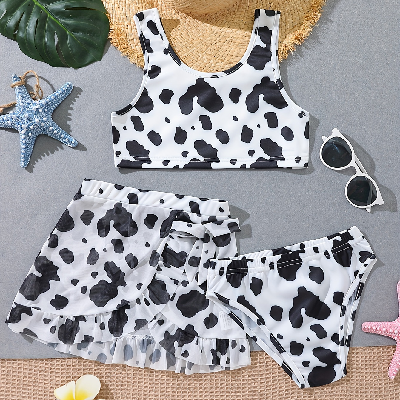 

Girls 3-piece Cow Print Bikini Swimsuit, Sleeveless Bikini Top + Brief + Cover-up Skirt Set, Girls Bathing Suit Beach Holiday Swimwear