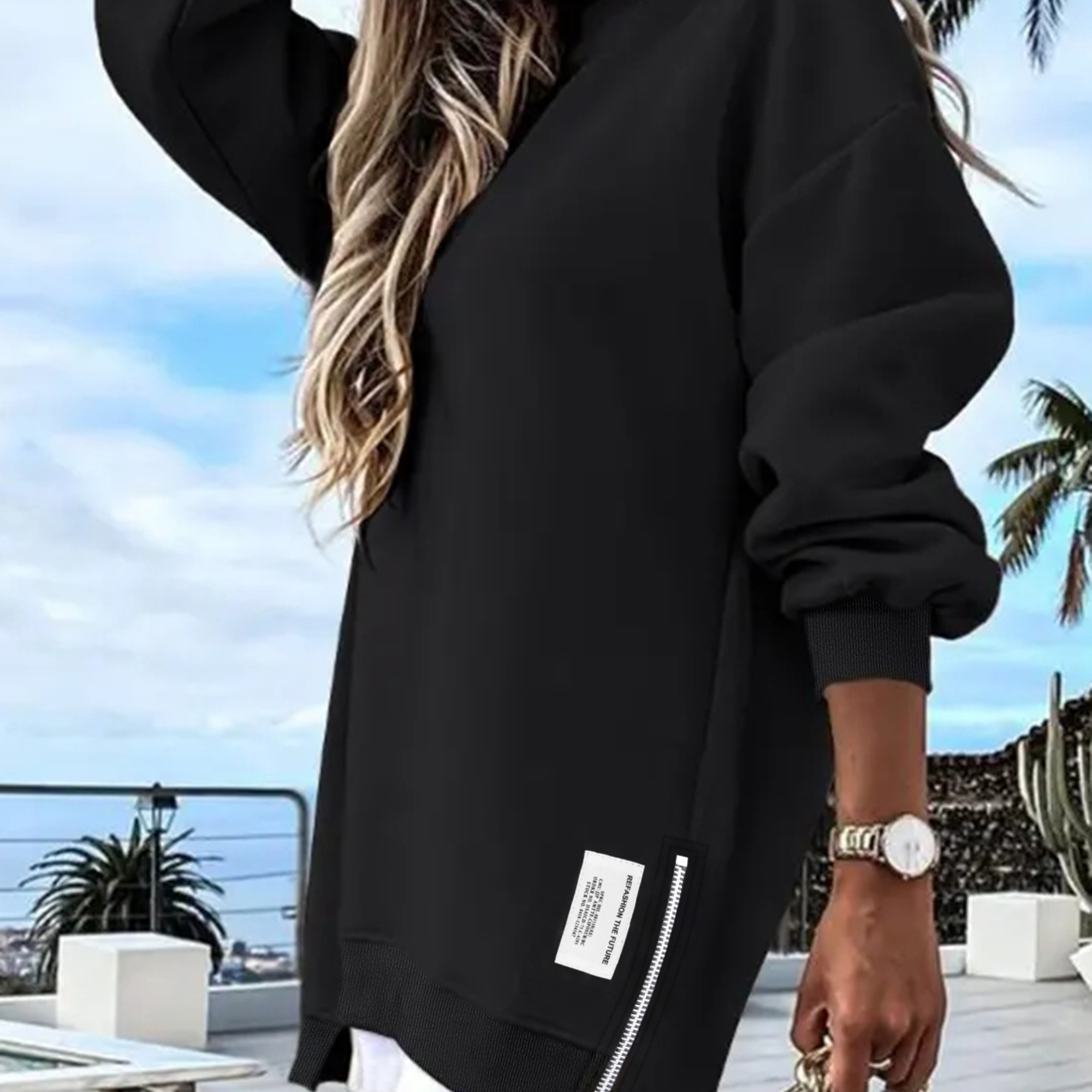 

1pc Women's Casual Crew Neck Sweatshirt With Side Slit Zipper Detail, Long Sleeve Solid Color Pullover, Knit Polyester Fabric, Slight Stretch, Regular Fit For Spring/fall