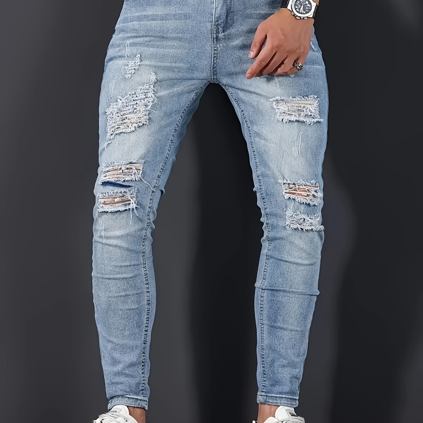 

Slim Fit Ripped Jeans, Men's Casual Street Style Distressed Stretch Denim Pants