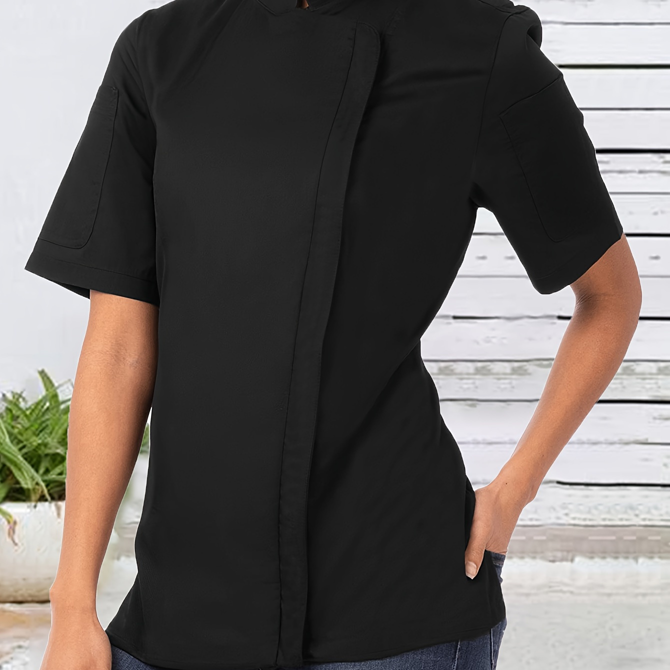 

Solid -up Blouse, Casual Short Sleeve Band Collar Top For , Women's Clothing