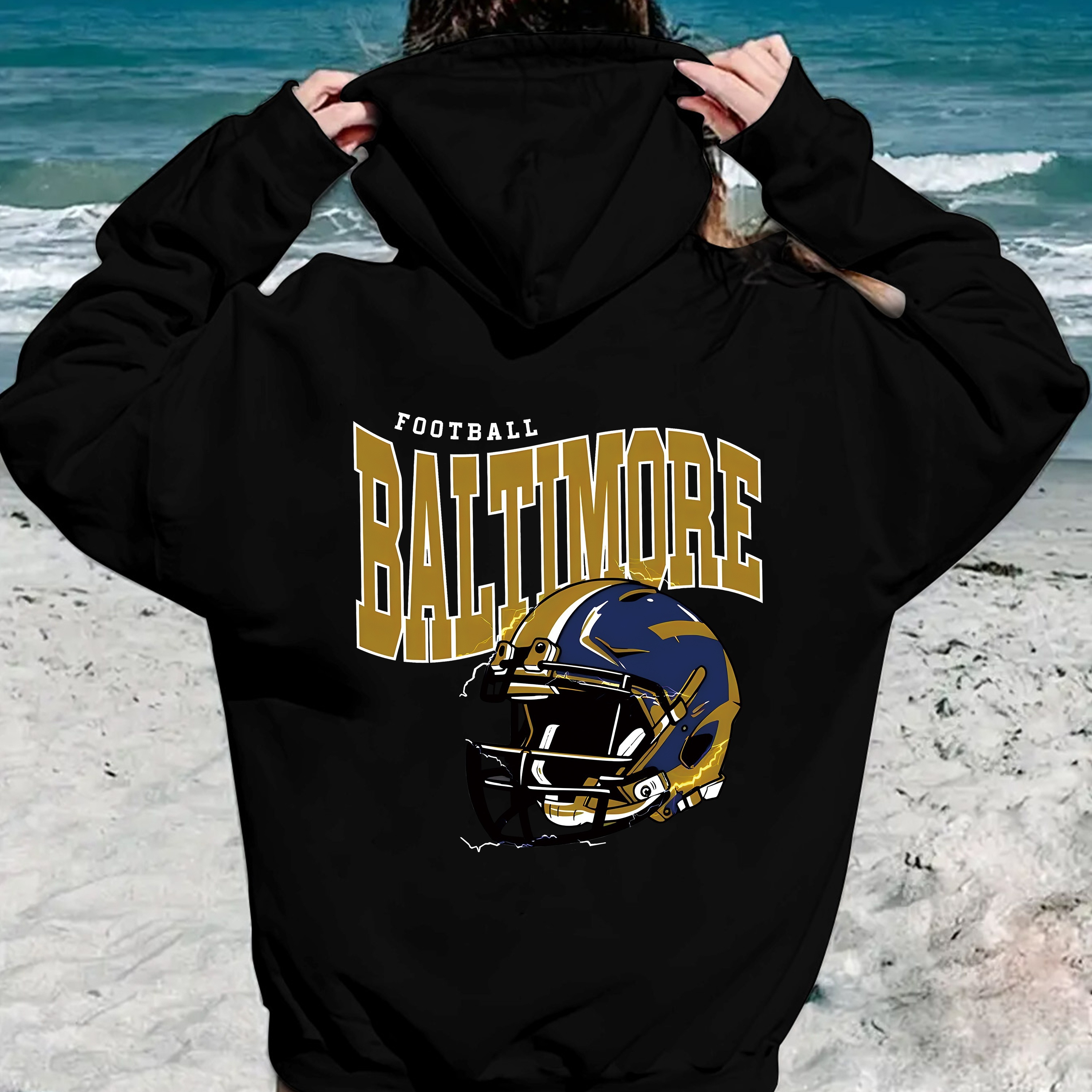 

Football Hoodie For Women, Long Sleeve Pullover With Front Pocket, Casual Knit Sweatshirt With Geometric Pattern, Polyester, Fashion Cap Sleeve Top